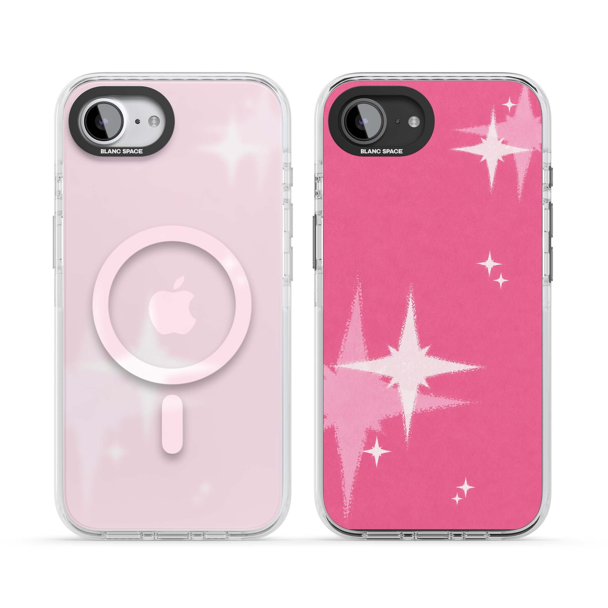 Pink Sparkle Y2K iPhone case featuring hot pink background with shimmering white starburst pattern | Impact Magsafe case for iPhone 16e, iPhone 17e