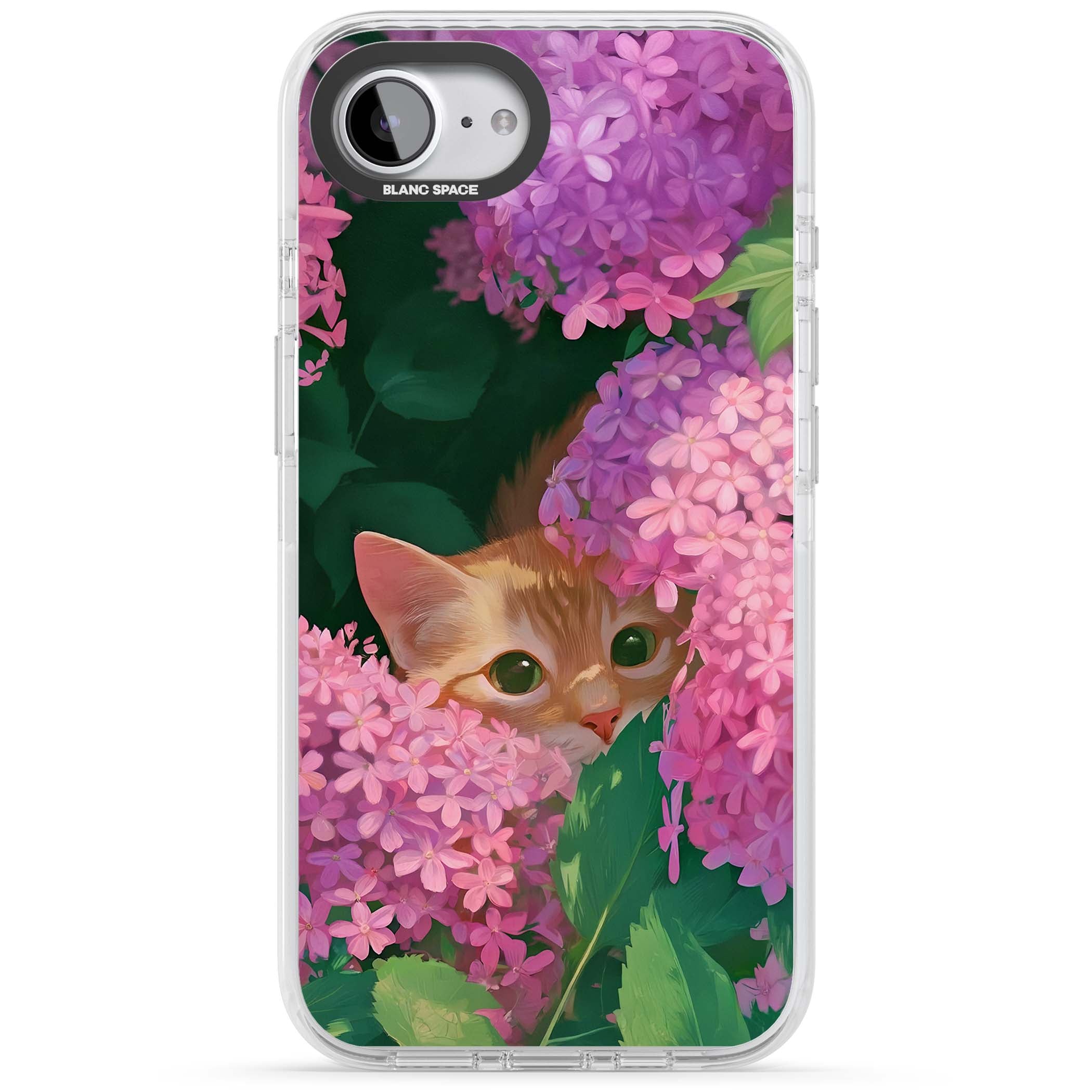 Cat In Pink Flowers cottagecore iPhone case featuring a ginger kitten peeking through lilac and pink hydrangea flo | Impact Magsafe case for iPhone 16e, iPhone 17e