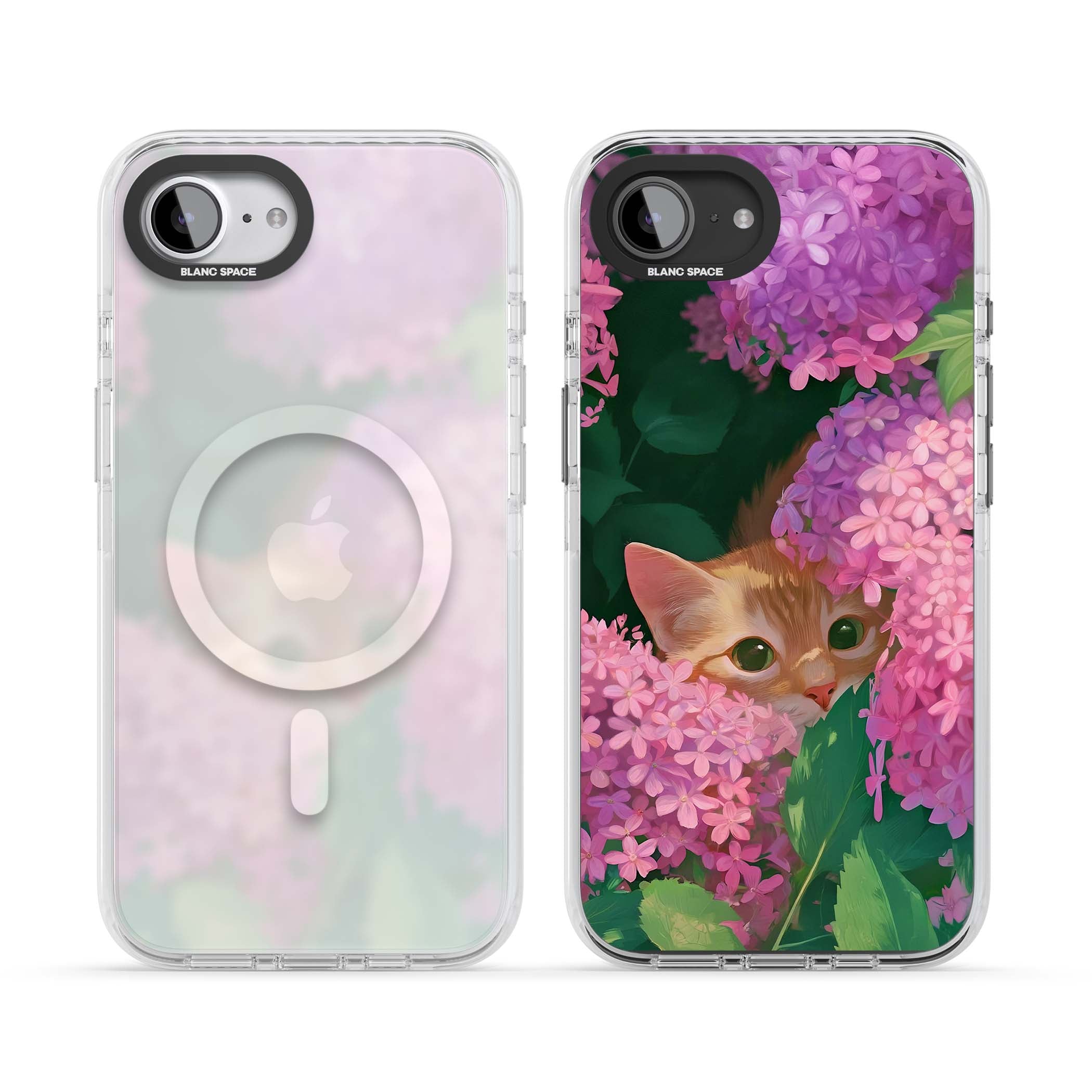 Cat In Pink Flowers cottagecore iPhone case featuring a ginger kitten peeking through lilac and pink hydrangea flo | Impact Magsafe case for iPhone 16e, iPhone 17e