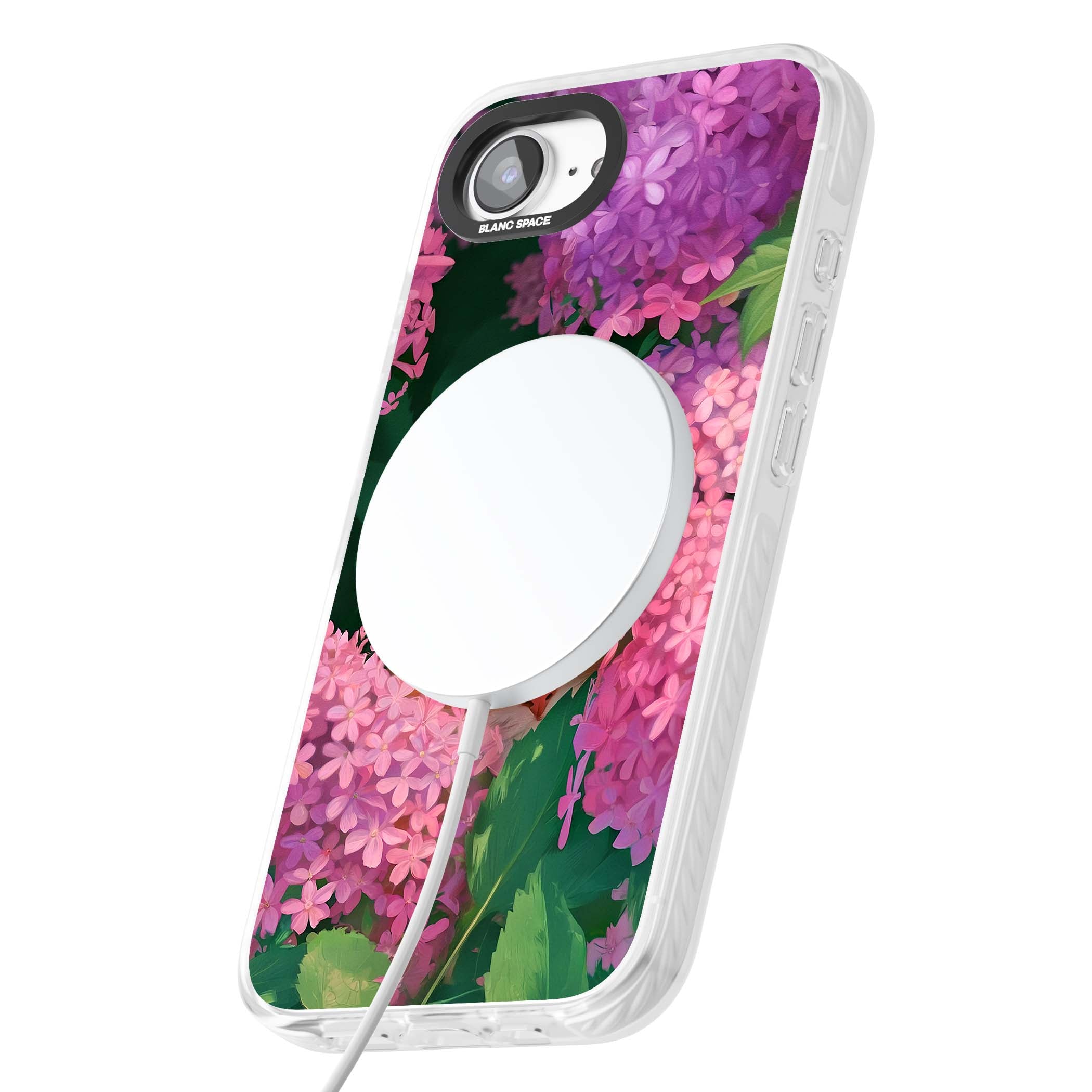 Cat In Pink Flowers cottagecore iPhone case featuring a ginger kitten peeking through lilac and pink hydrangea flo | Impact Magsafe case for iPhone 16e, iPhone 17e