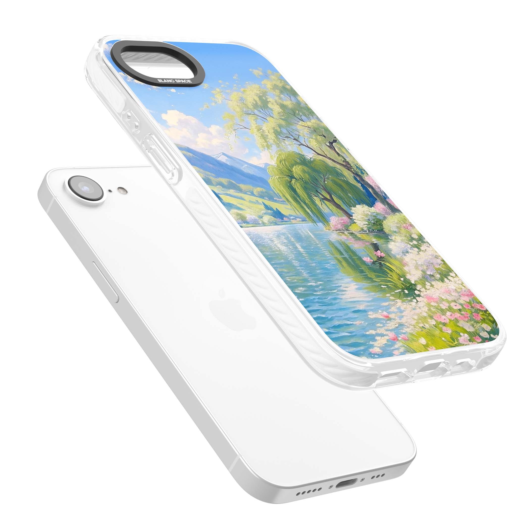 Willow Lake cottagecore iPhone case featuring a painted lakeside with weeping willow, blossoms and distant mountains | Impact Magsafe case for iPhone 16e, iPhone 17e