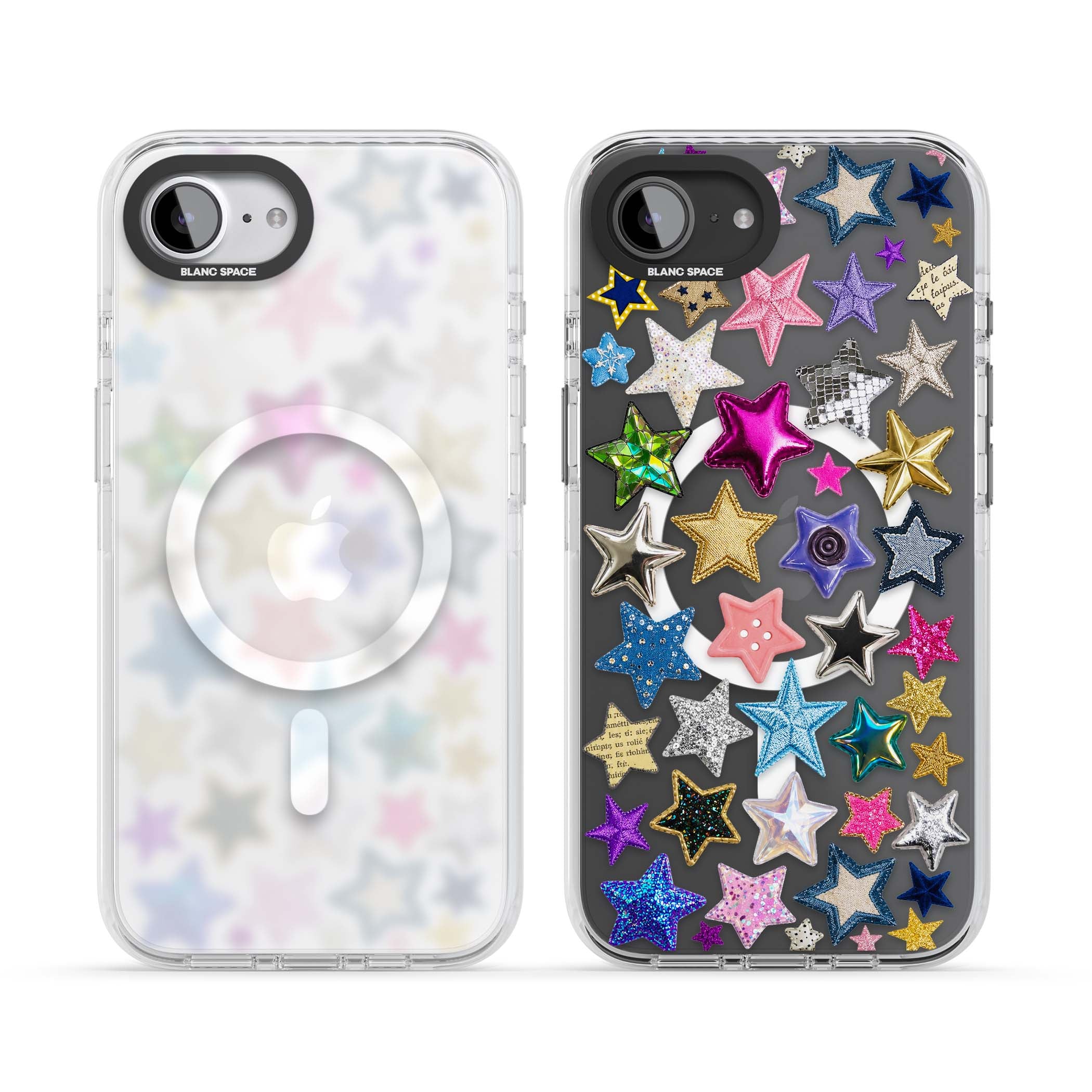 Crafty Star Mix Y2K iPhone case featuring embroidered, sequinned and glitter star patches in rainbow colours | Impact Magsafe case for iPhone 16e, iPhone 17e