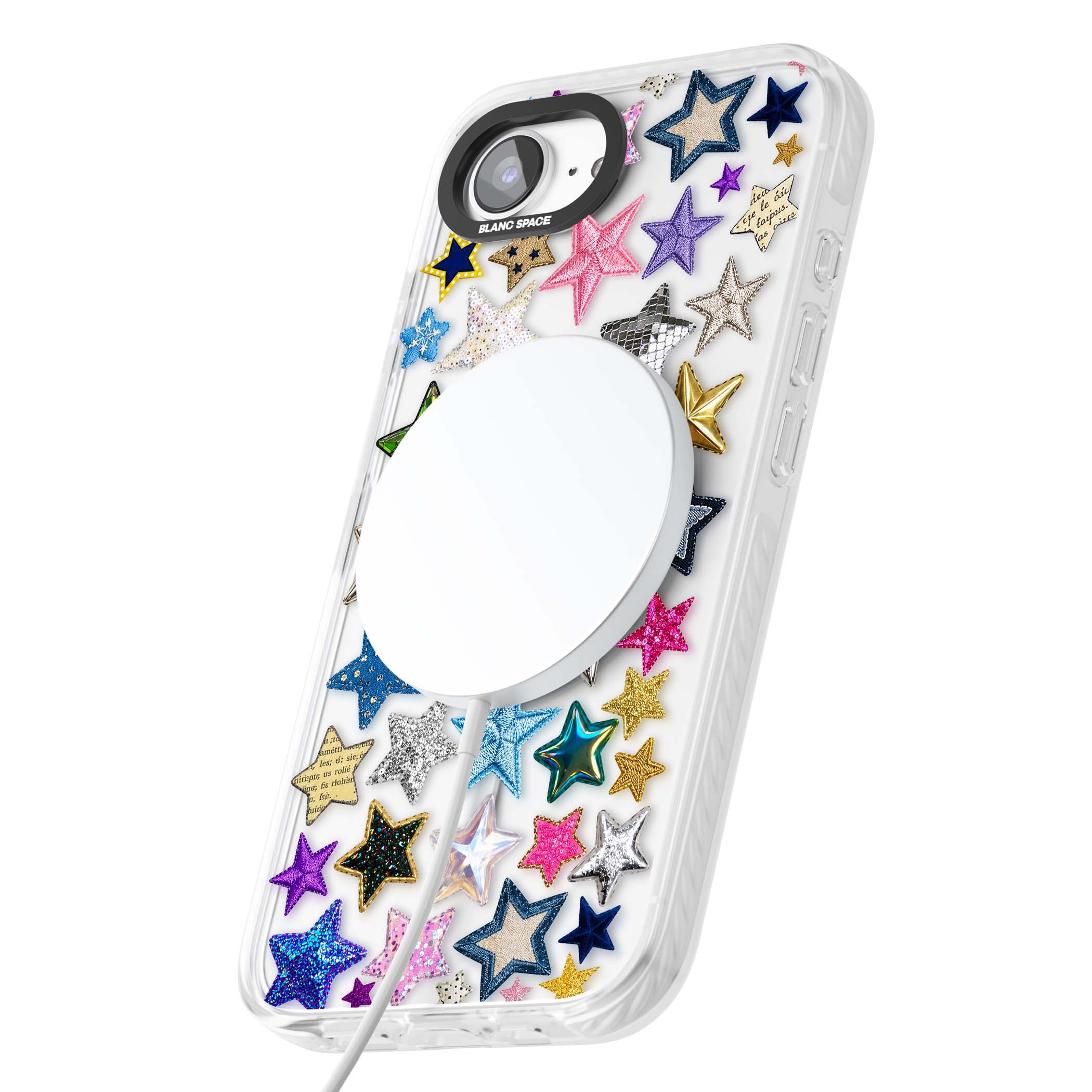 Crafty Star Mix Y2K iPhone case featuring embroidered, sequinned and glitter star patches in rainbow colours | Impact Magsafe case for iPhone 16e, iPhone 17e
