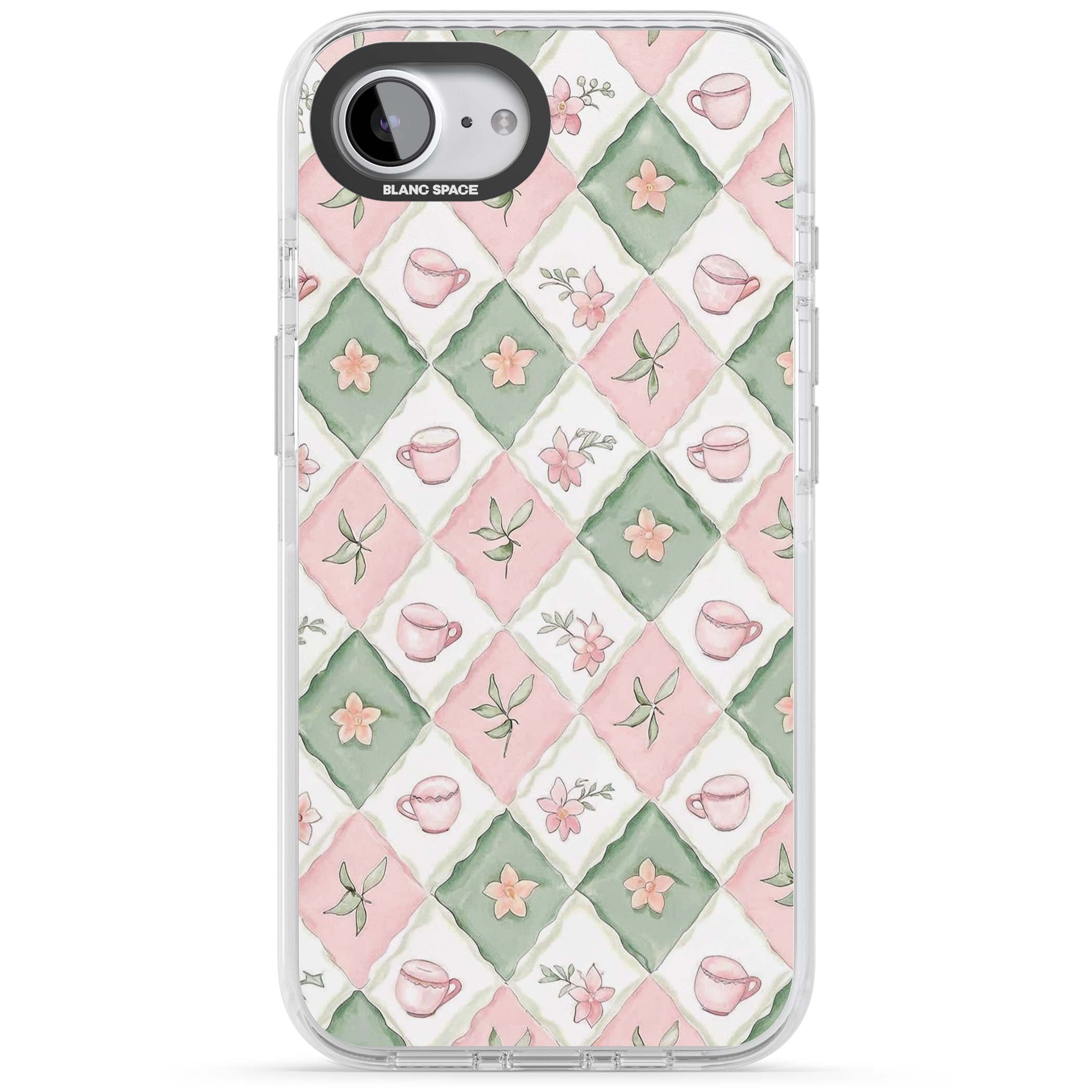Garden Tea Party coquette iPhone case with pink and green checkered pattern, watercolour teacups and wildflowers | Impact Magsafe case for iPhone 16e, iPhone 17e