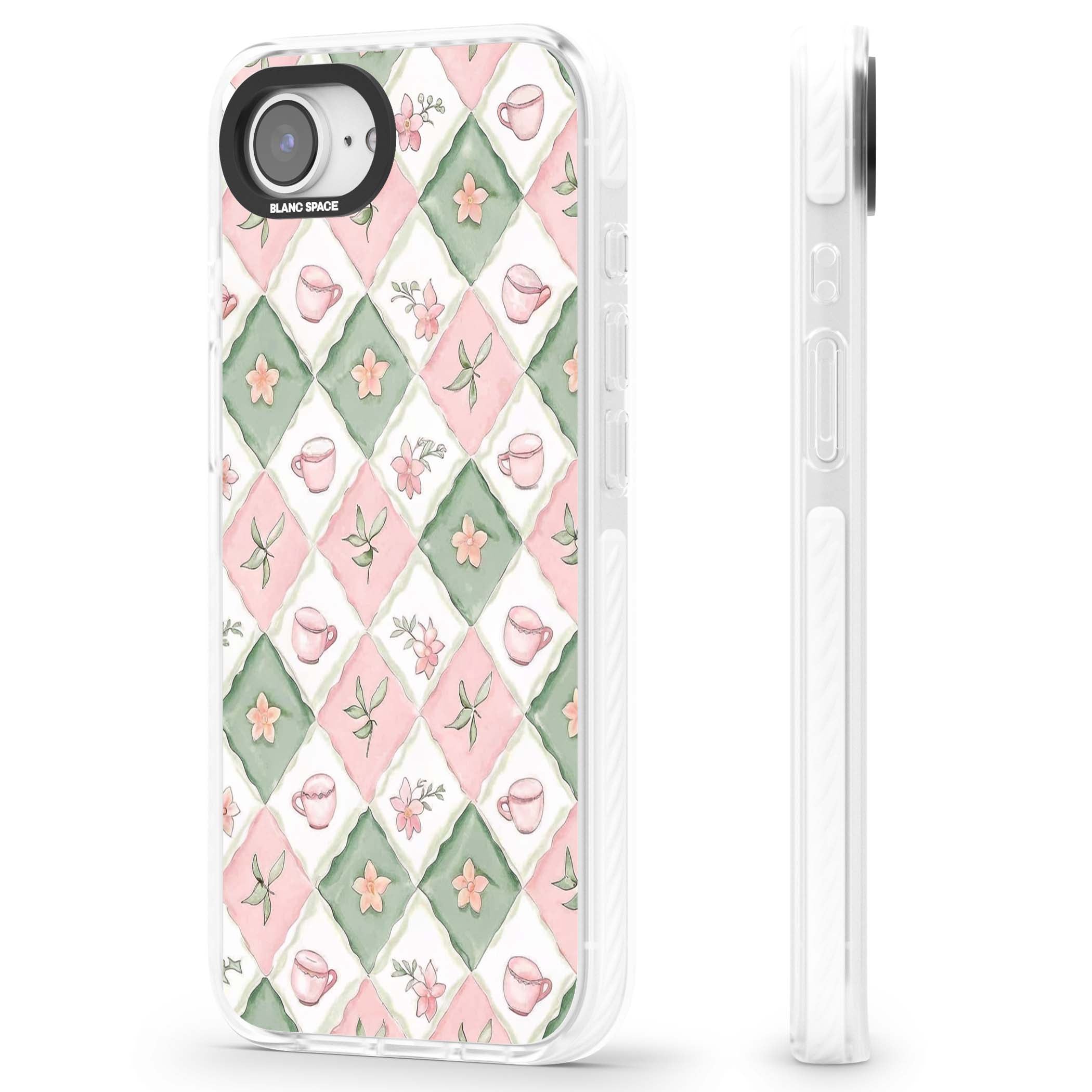 Garden Tea Party coquette iPhone case with pink and green checkered pattern, watercolour teacups and wildflowers | Impact Magsafe case for iPhone 16e, iPhone 17e