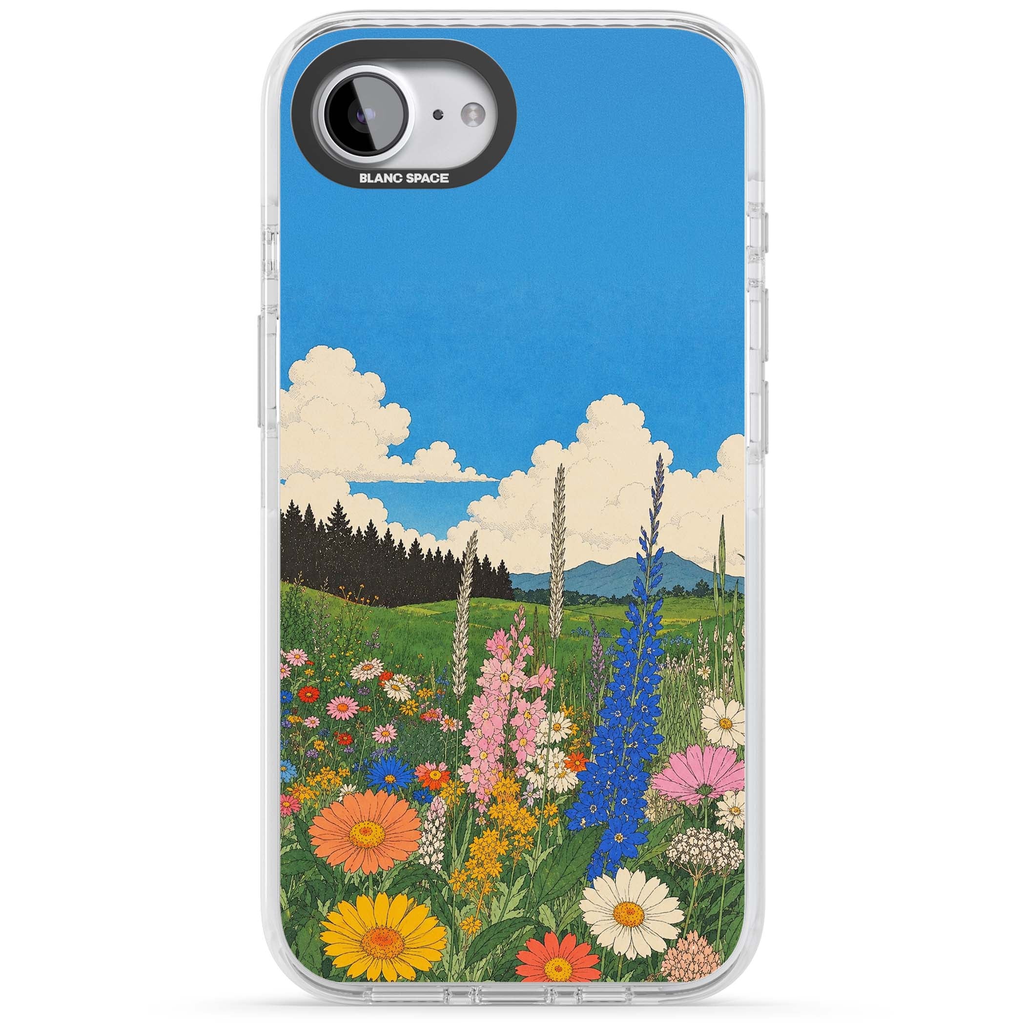 Wildbloom wildflower iPhone case featuring a vintage Japanese-style meadow landscape with daisies, delphiniums and moun | Impact Magsafe case for iPhone 16e, iPhone 17e