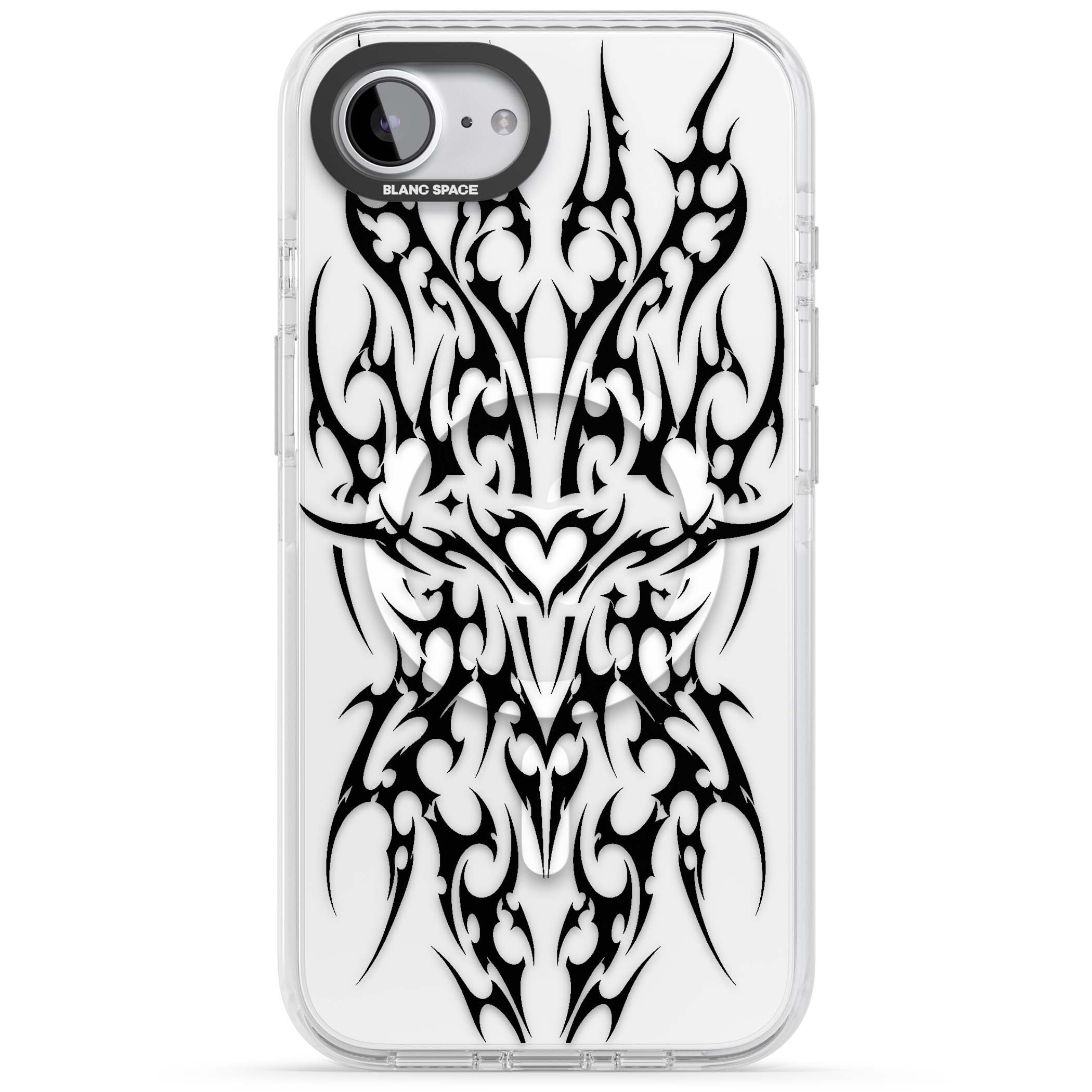 Neo Tribal Heart gothic iPhone case featuring symmetrical black tribal tattoo art with sharp thorn-like linework | Impact Magsafe case for iPhone 16e, iPhone 17e