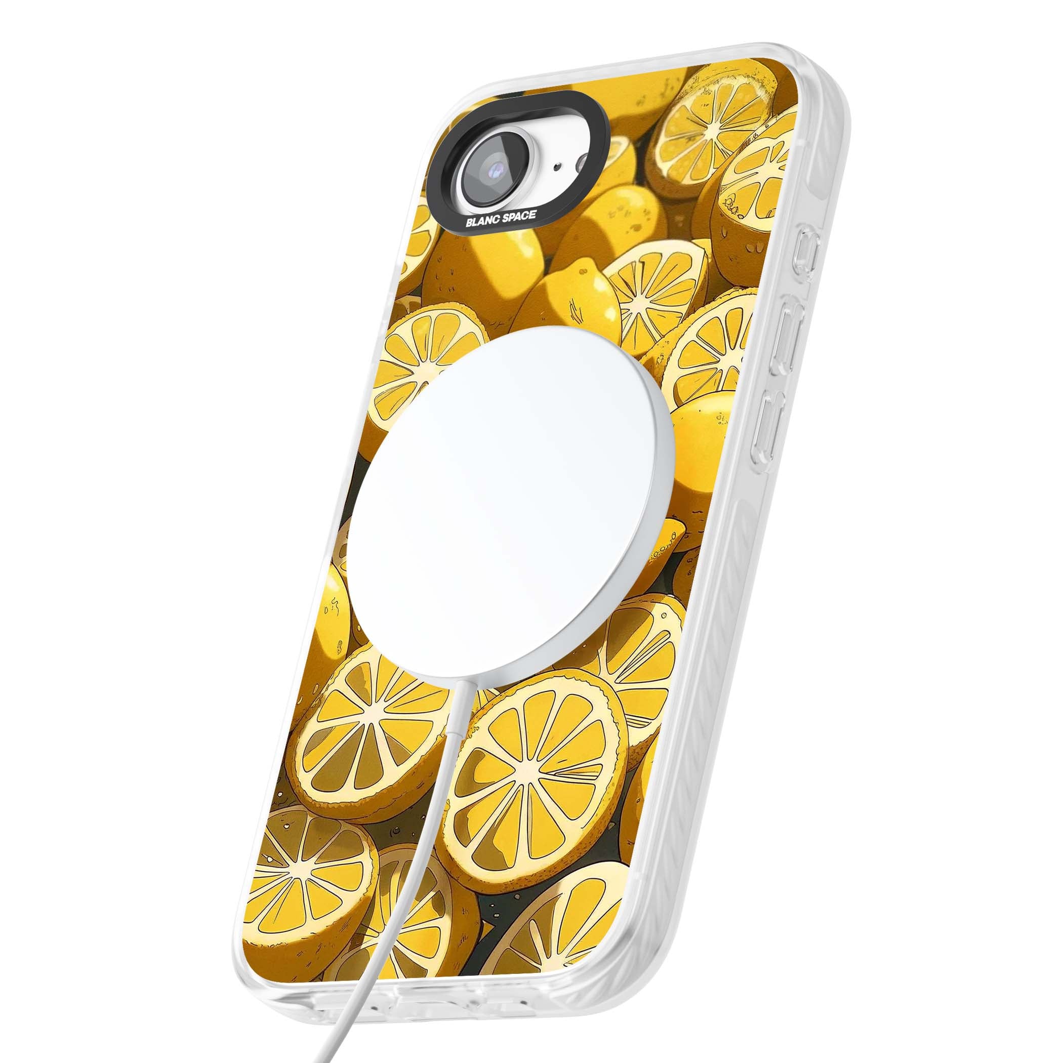Zesty coastal iPhone case featuring illustrated Mediterranean lemons and citrus slices in golden yellow | Impact Magsafe case for iPhone 16e, iPhone 17e