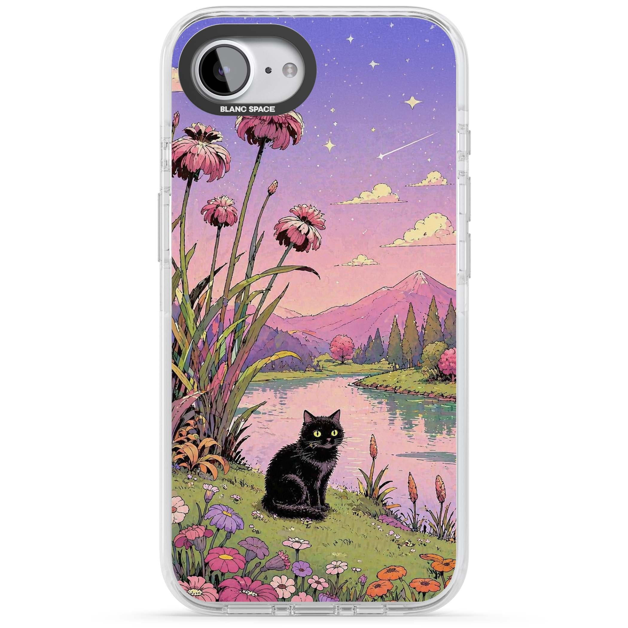 Mystic Whiskers ghibli iPhone case featuring a black cat by a pastel lake, wildflowers and a starry sunset sky | Clear Impact case for iPhone 16e, iPhone 17e