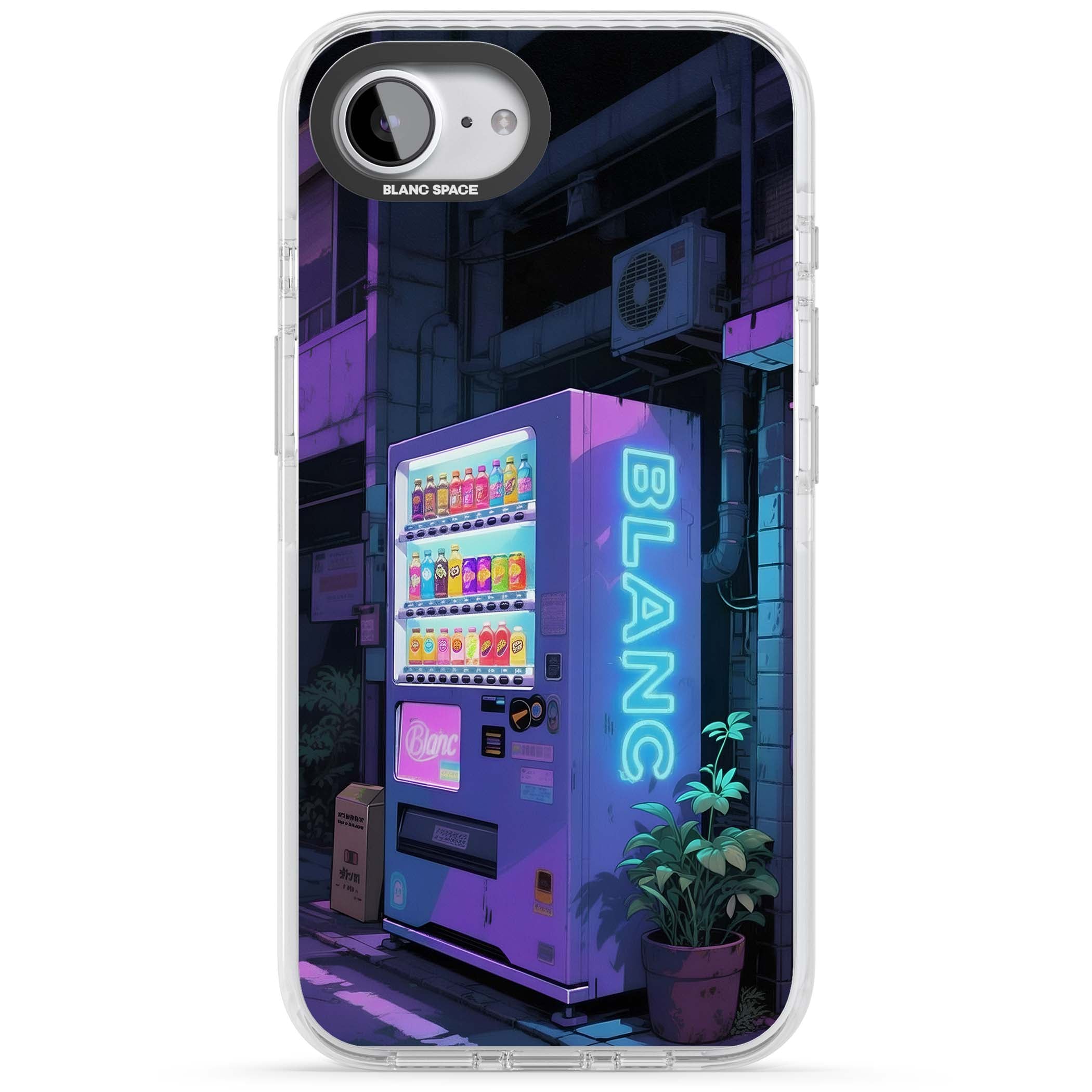 Shibuya Glow Japanese iPhone case featuring a glowing Tokyo vending machine, neon signage, and moody purple alleyway | Clear Impact case for iPhone 16e, iPhone 17e