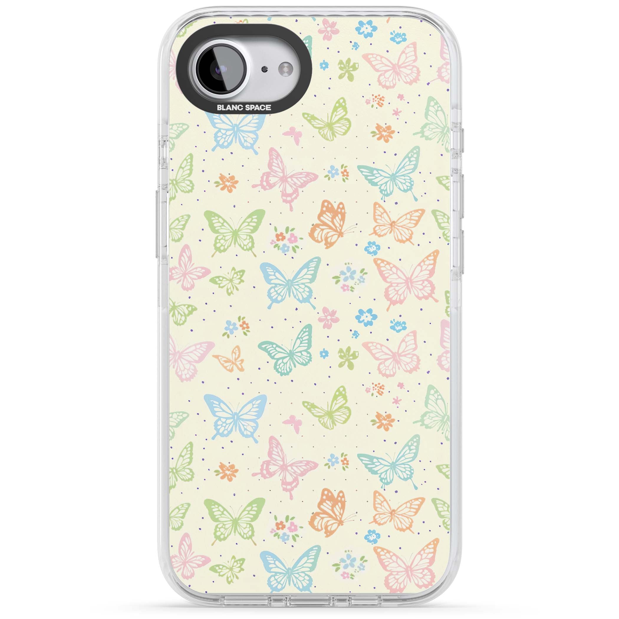 Sugar Wings cottagecore iPhone case featuring rainbow pastel butterflies, tiny wildflowers, and a cream background | Clear Impact case for iPhone 16e, iPhone 17e