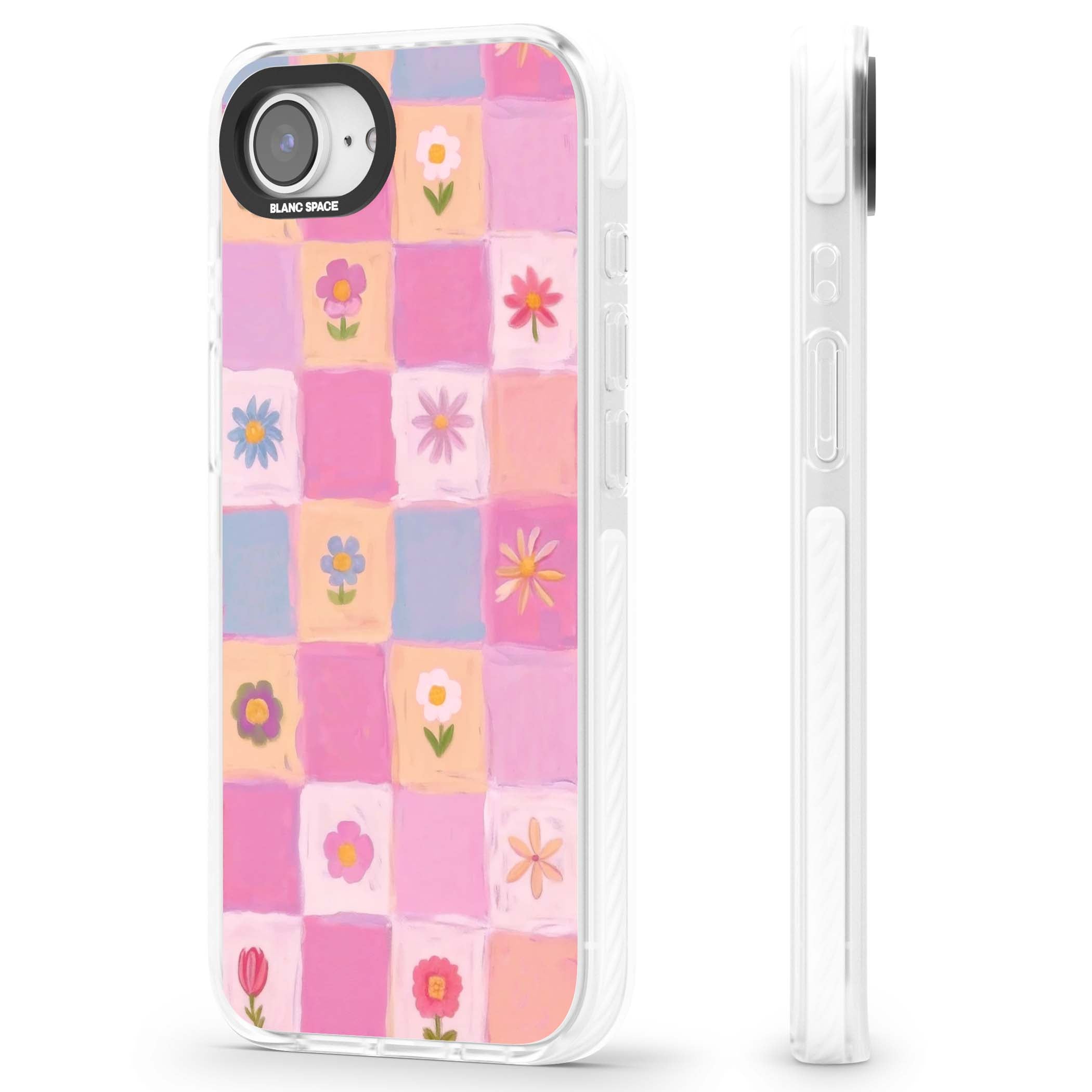Pastel Flower Patchwork cottagecore iPhone case featuring painted pink and lilac squares with daisies and wildflowers | Clear Impact case for iPhone 16e, iPhone 17e