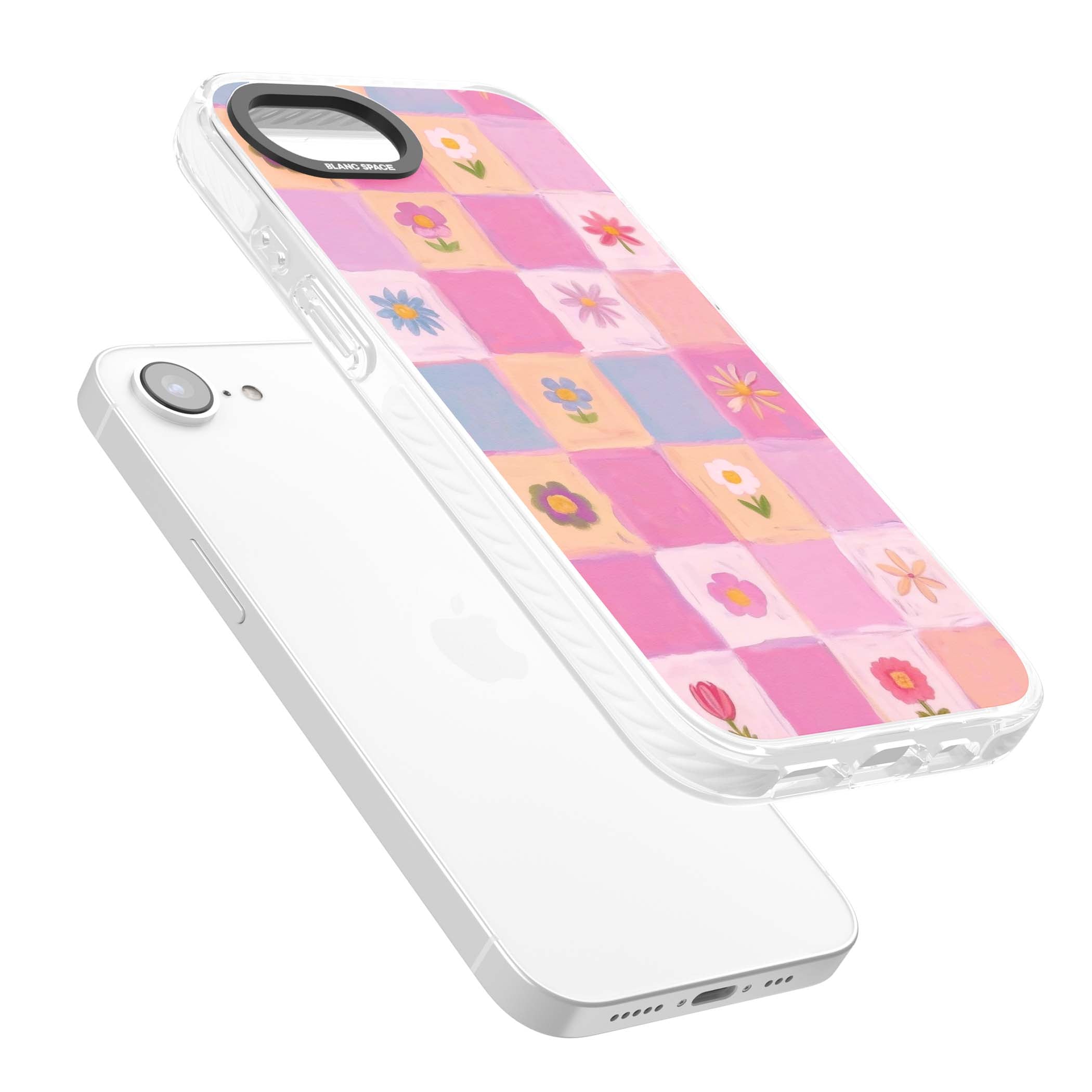 Pastel Flower Patchwork cottagecore iPhone case featuring painted pink and lilac squares with daisies and wildflowers | Clear Impact case for iPhone 16e, iPhone 17e
