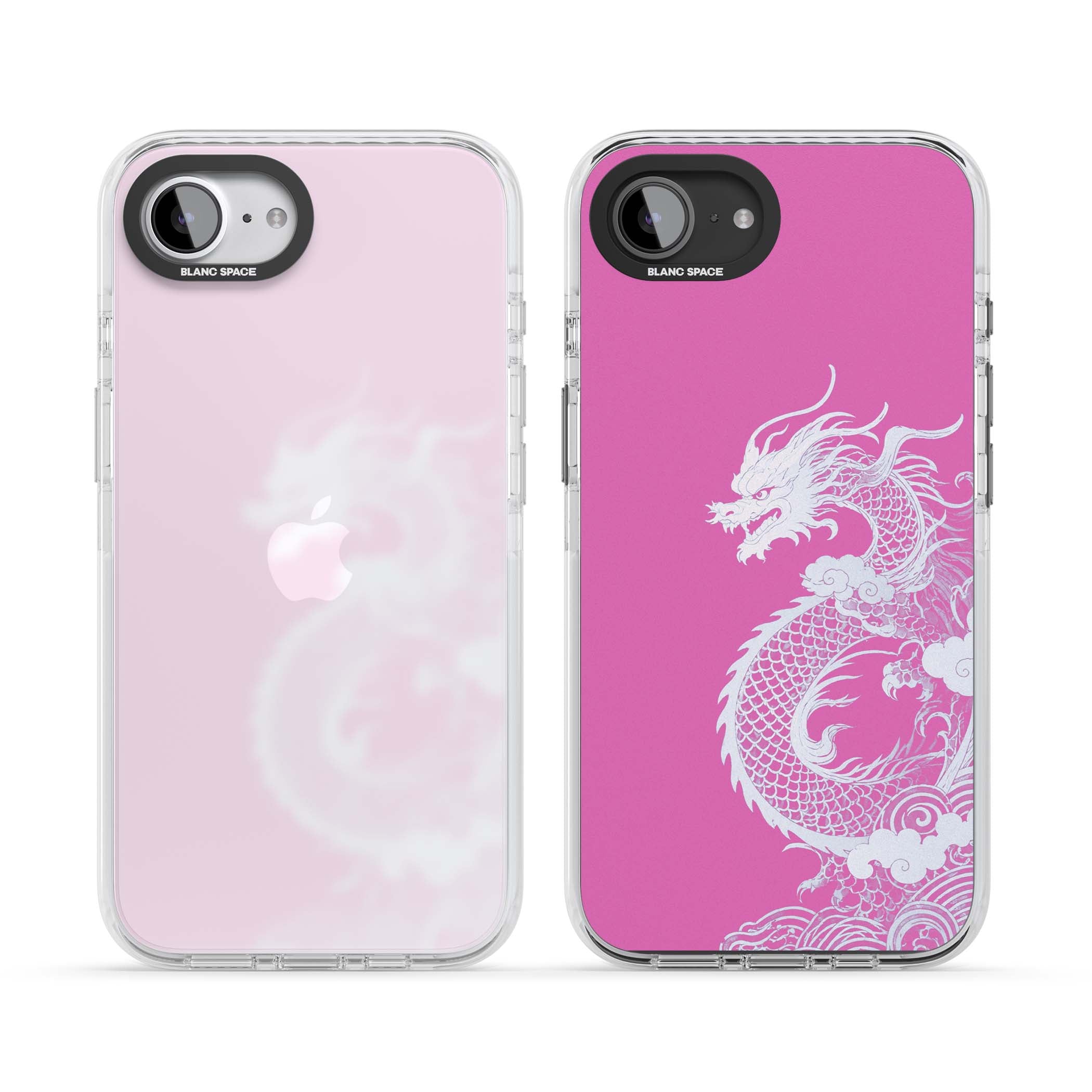 Pink Empress chinese dragon iPhone case featuring a white dragon, swirling clouds and pink dragon wallpaper backdrop | Clear Impact case for iPhone 16e, iPhone 17e