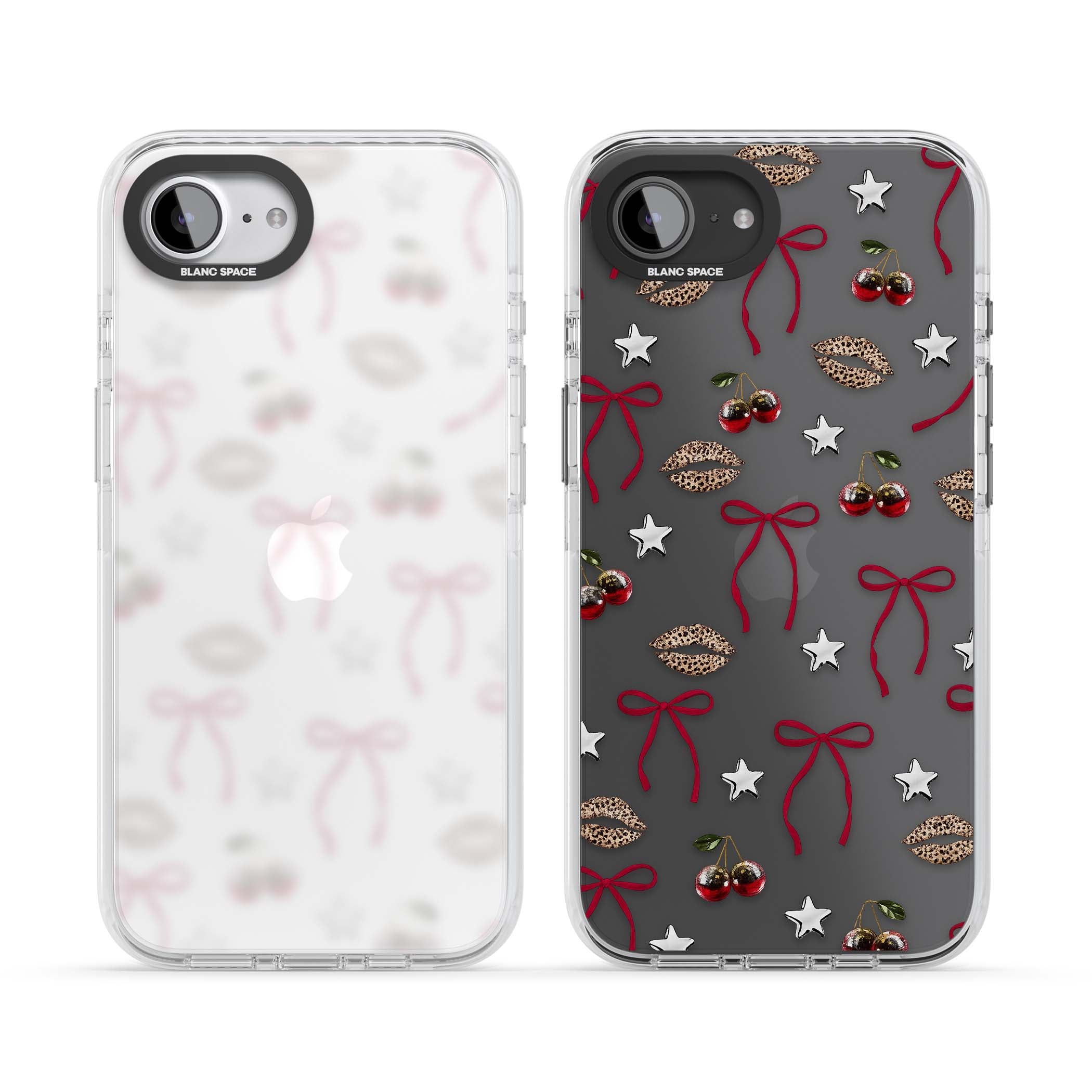 Starlet coquette iPhone case featuring red ribbon bows, disco cherries and leopard-print lips | Clear Impact case for iPhone 16e, iPhone 17e