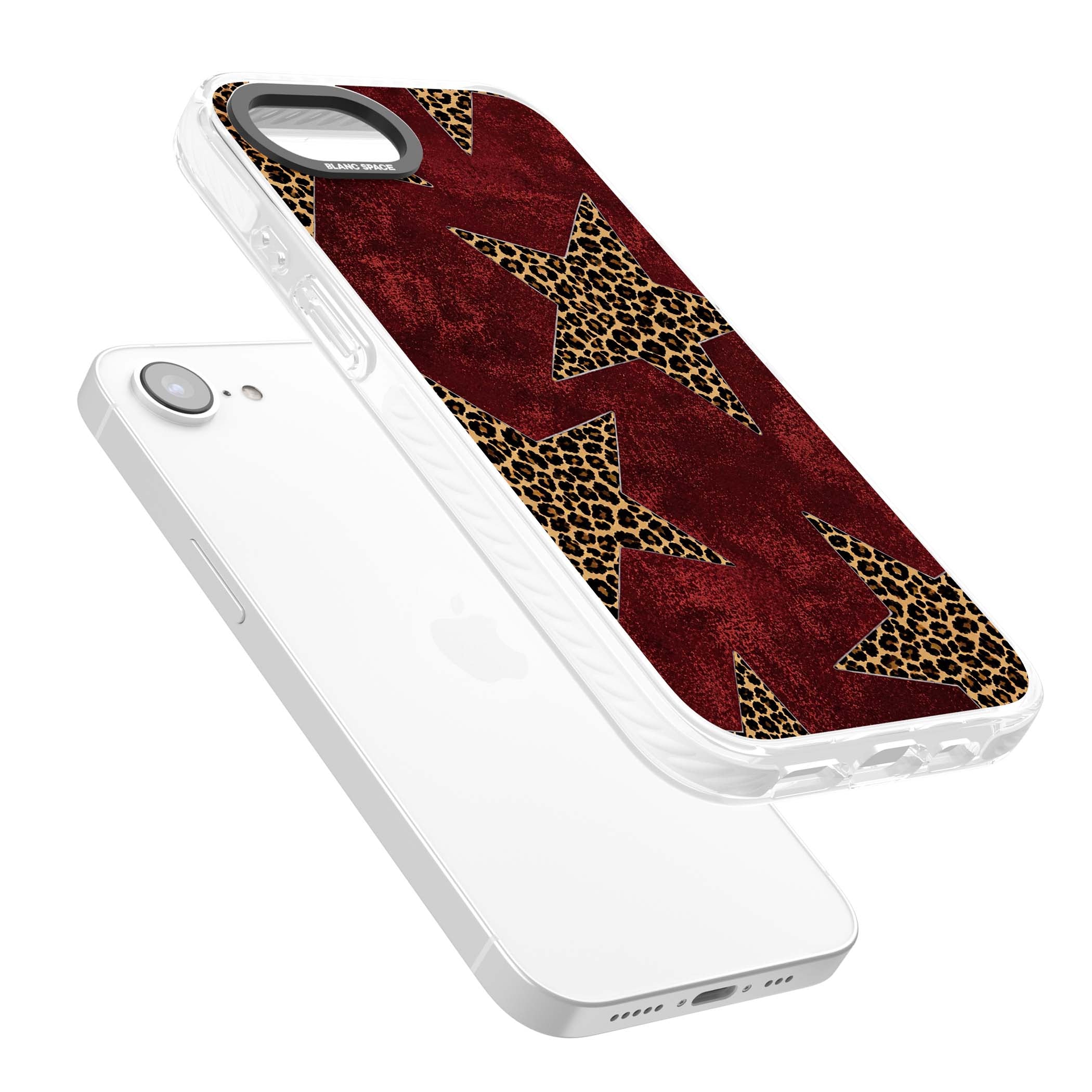 Showgirl leopard print iPhone case featuring cheetah print stars on distressed red grunge background | Clear Impact case for iPhone 16e, iPhone 17e