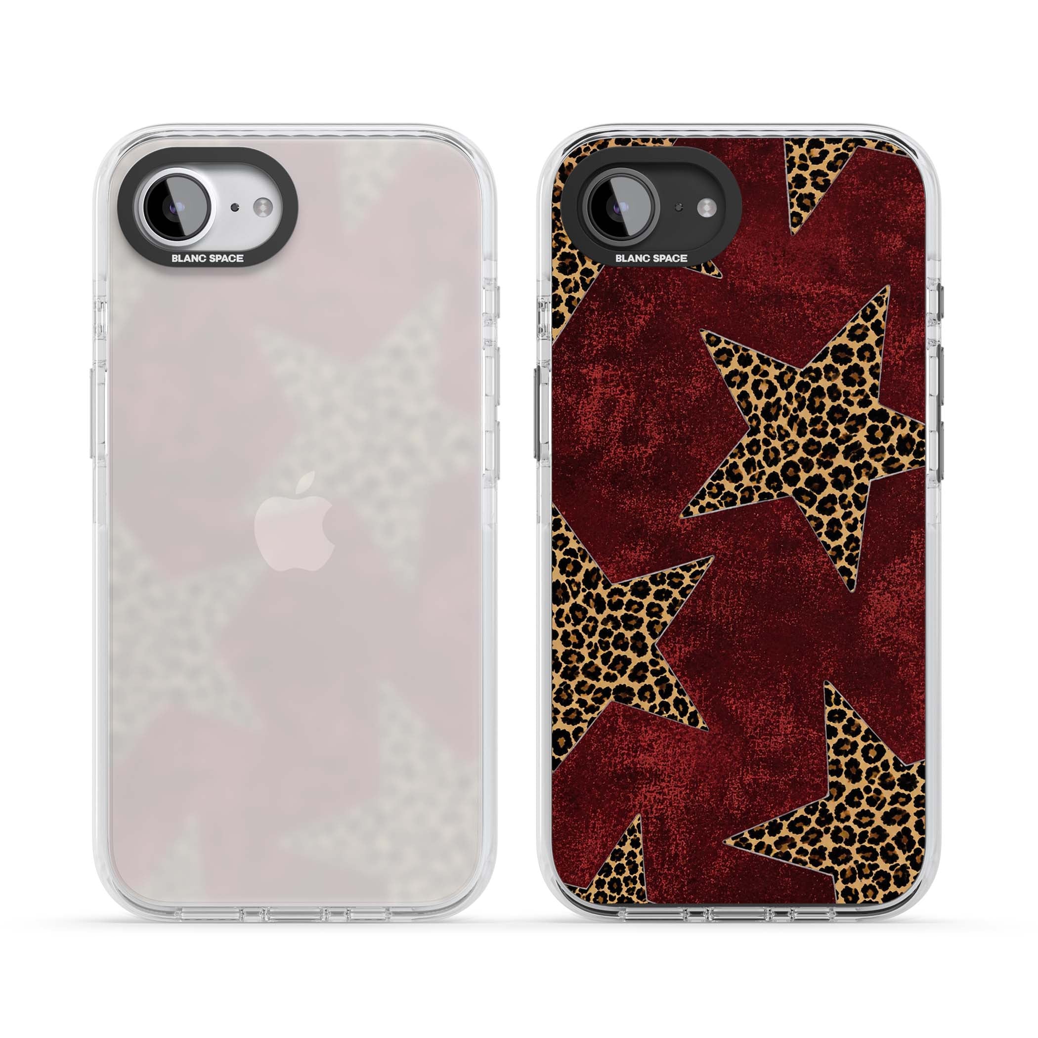 Showgirl leopard print iPhone case featuring cheetah print stars on distressed red grunge background | Clear Impact case for iPhone 16e, iPhone 17e