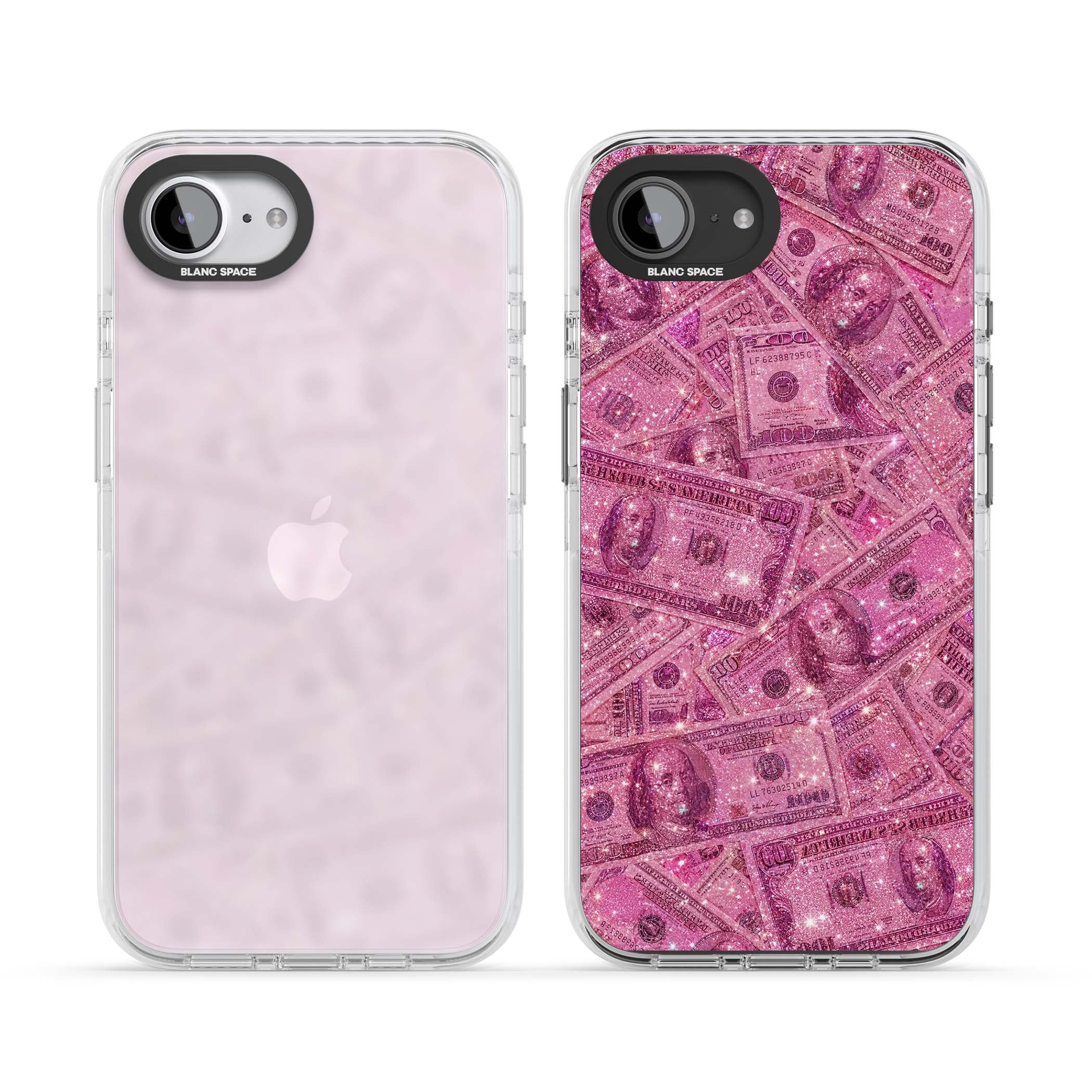 Glamorous baddie iPhone case featuring pink glitter hundred dollar bills and sparkling money wallpaper design | Clear Impact case for iPhone 16e, iPhone 17e
