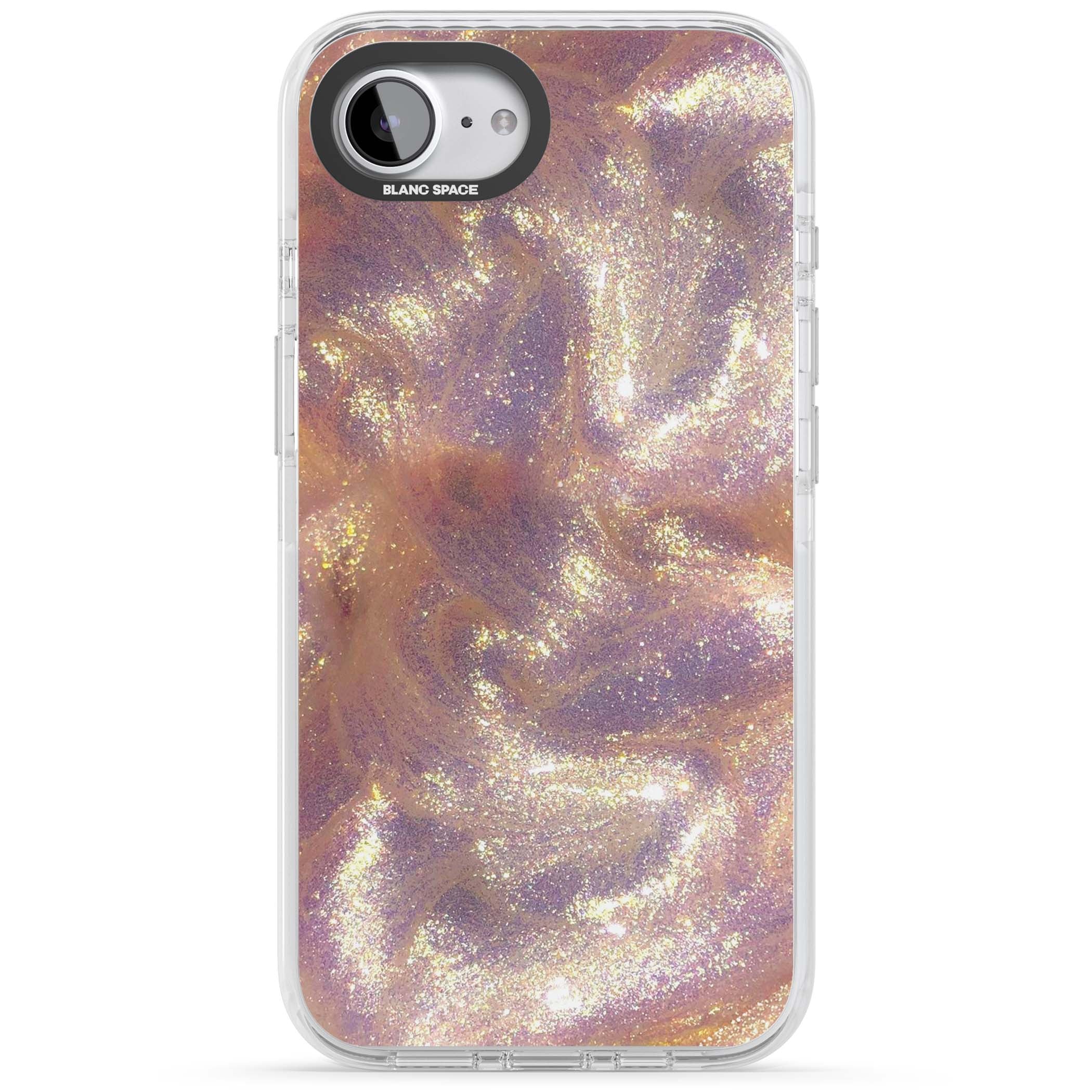 Shimmer marble iPhone case featuring rose gold glitter swirls, lilac shimmer and iridescent pearl finish | Clear Impact case for iPhone 16e, iPhone 17e