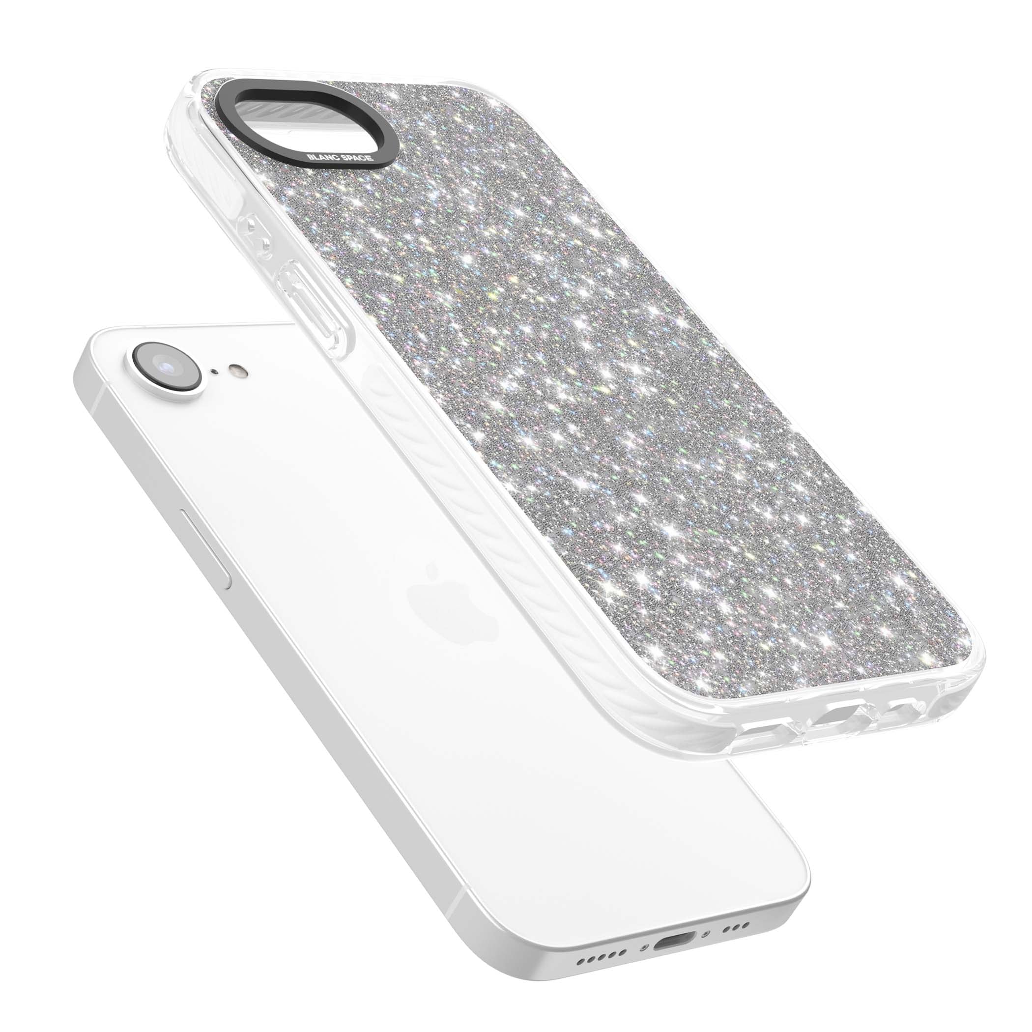 Diamond glam iPhone case featuring silver glitter sparkle and shimmering diamond dust effect | Clear Impact case for iPhone 16e, iPhone 17e