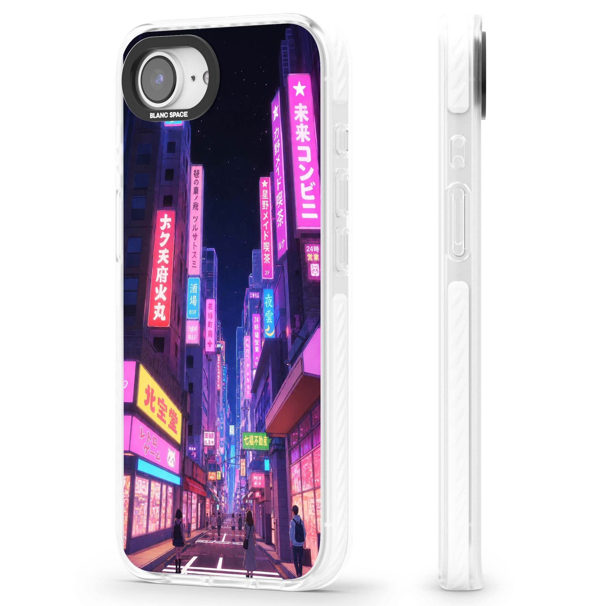 Shibuya At Night Japanese neon city iPhone case featuring glowing kanji signs, pink storefronts and a Tokyo street at n | Clear Impact case for iPhone 16e, iPhone 17e