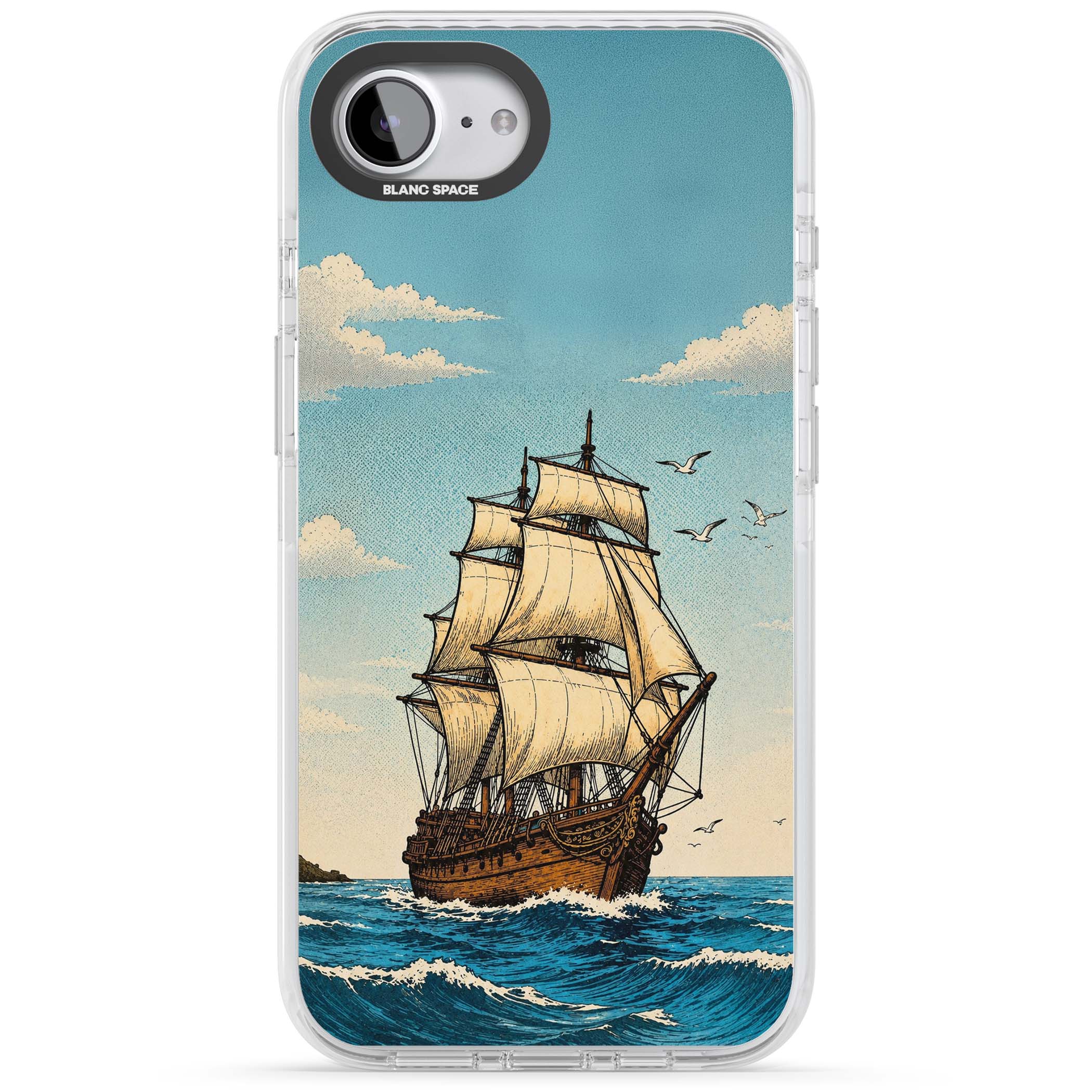 Ship at Sea nautical iPhone case featuring a vintage tall ship, ocean waves and seagulls | Clear Impact case for iPhone 16e, iPhone 17e