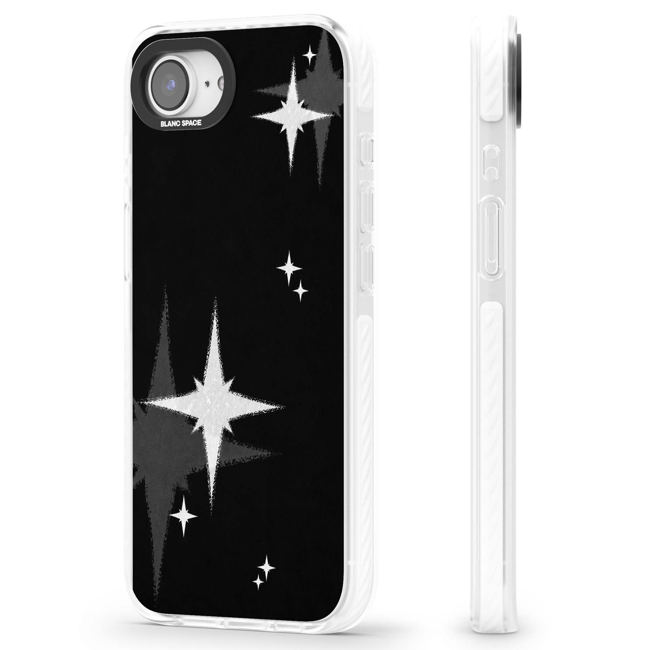 Black Sparkle celestial iPhone case featuring white sparkle stars on a black night sky background | Clear Impact case for iPhone 16e, iPhone 17e