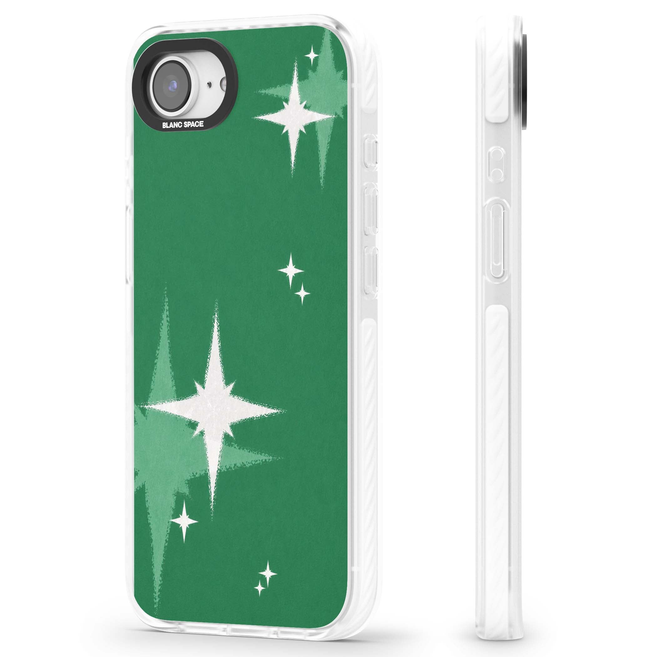 Green Sparkle celestial iPhone case featuring sparkling white four-point stars on a deep green background | Clear Impact case for iPhone 16e, iPhone 17e