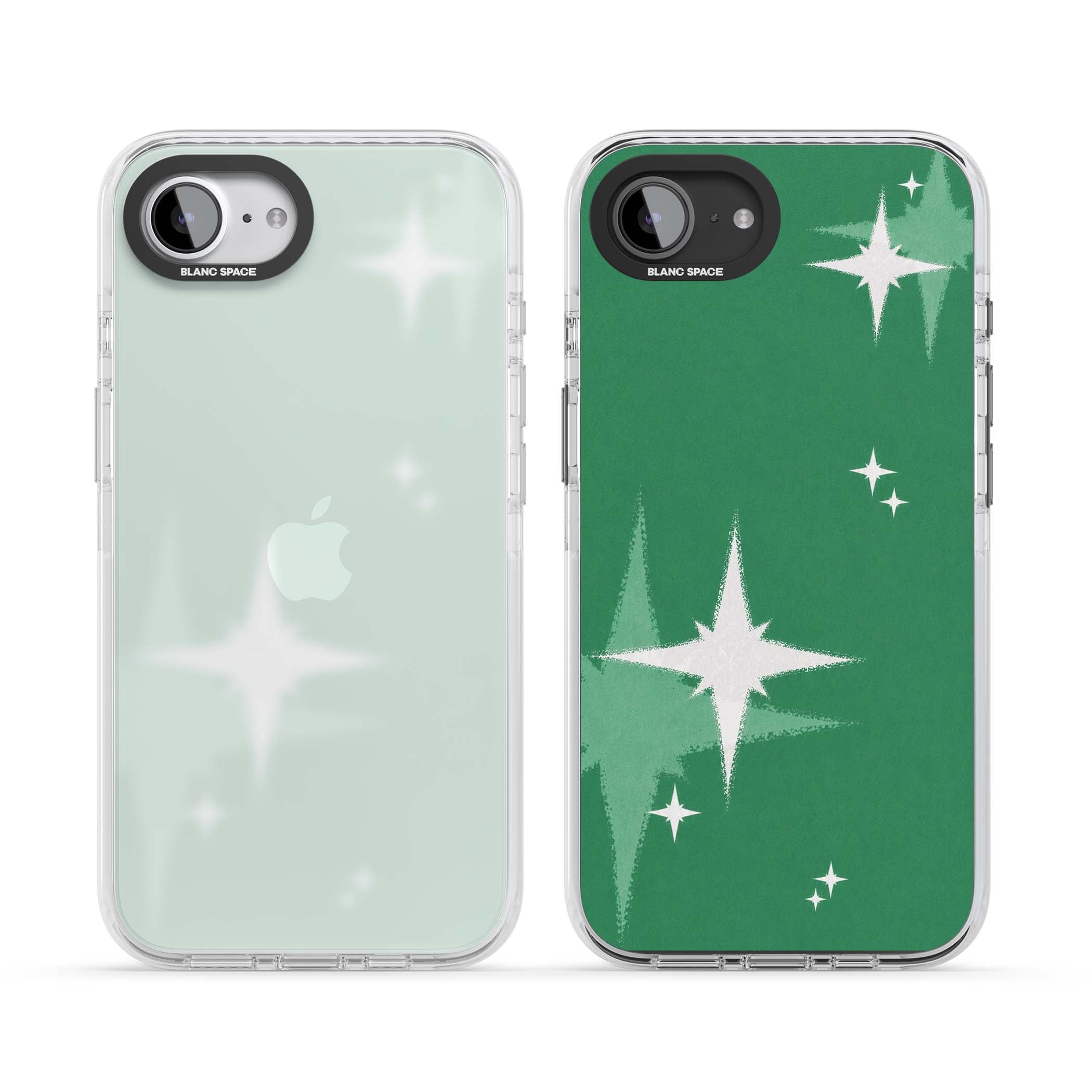Green Sparkle celestial iPhone case featuring sparkling white four-point stars on a deep green background | Clear Impact case for iPhone 16e, iPhone 17e