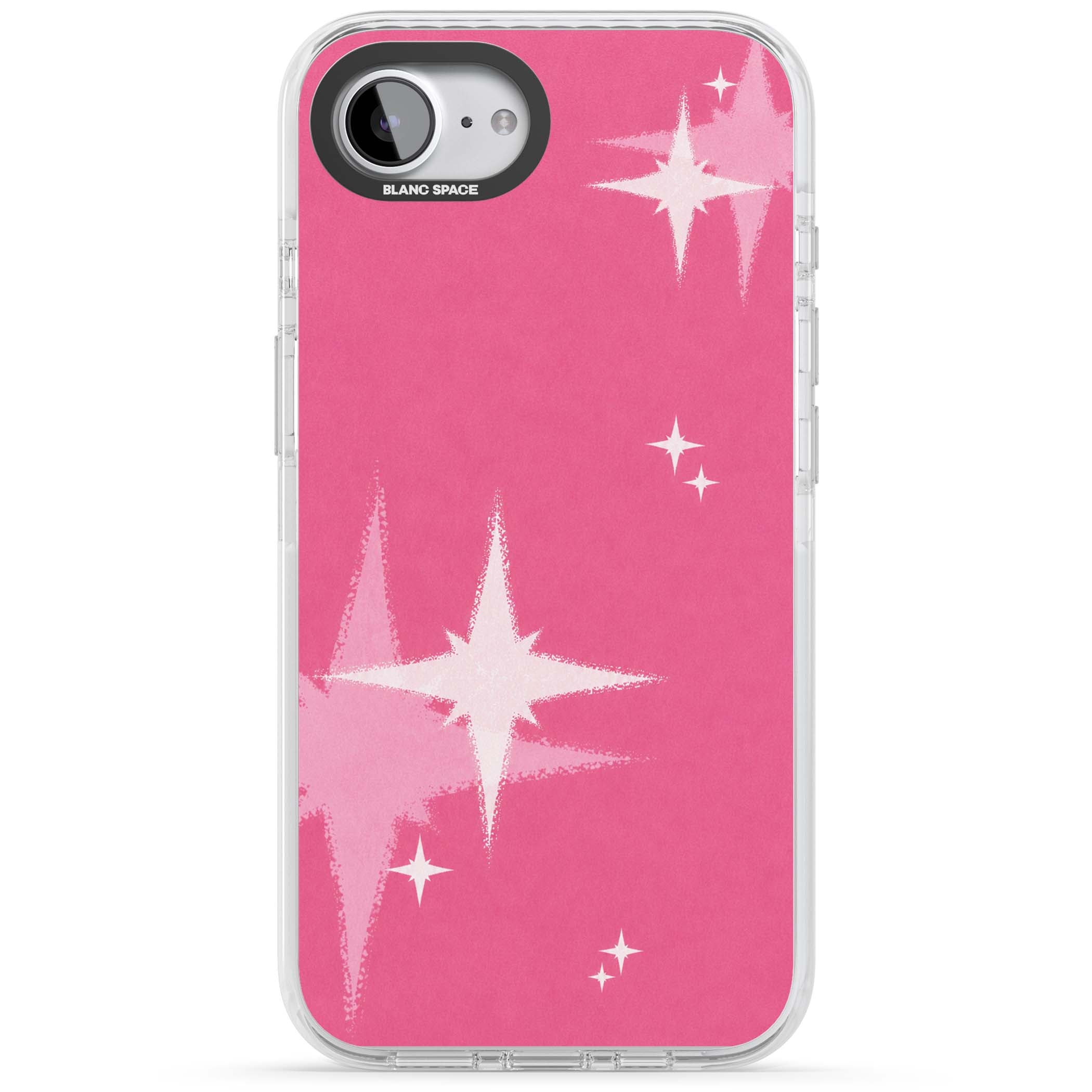 Pink Sparkle Y2K iPhone case featuring hot pink background with shimmering white starburst pattern | Clear Impact case for iPhone 16e, iPhone 17e