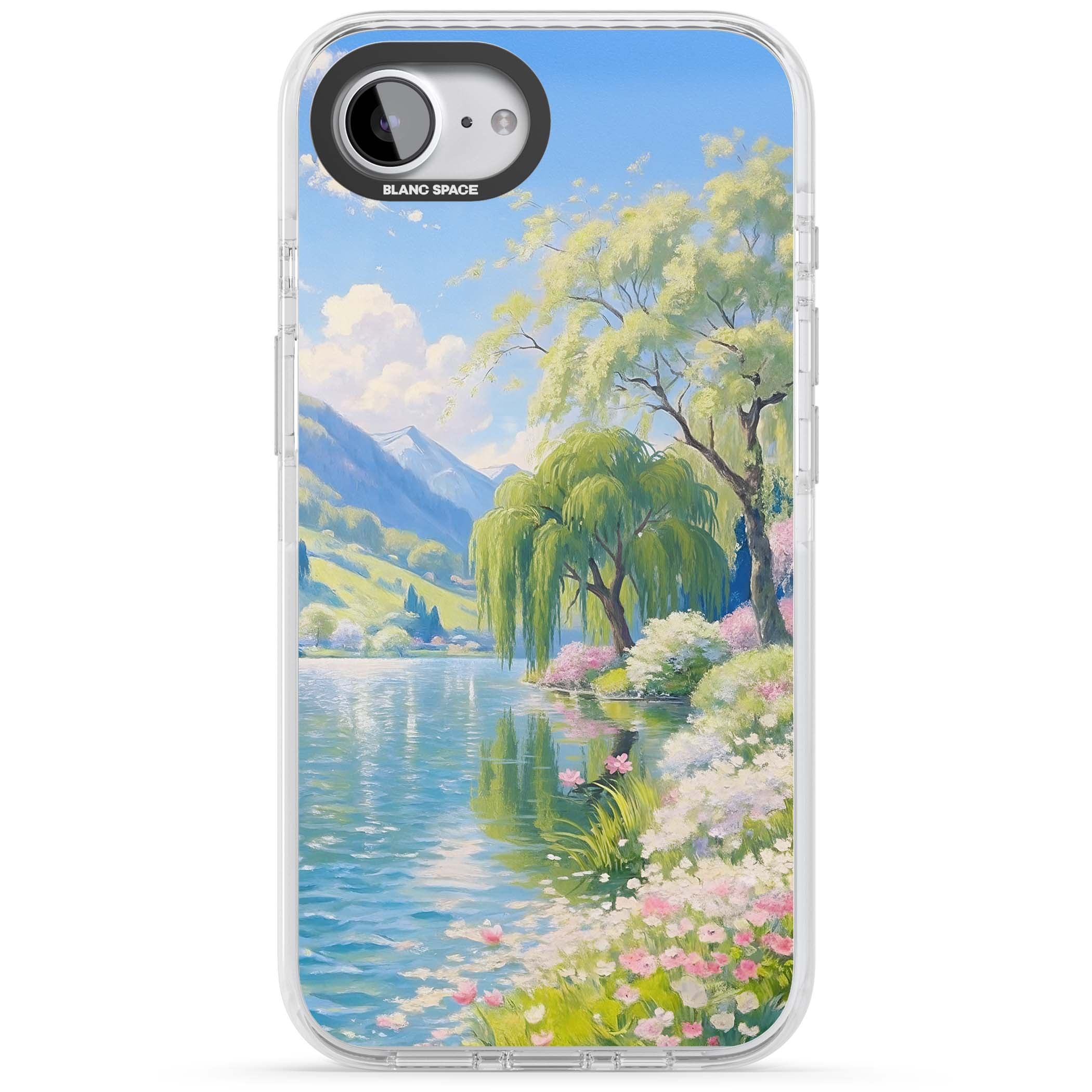 Willow Lake cottagecore iPhone case featuring a painted lakeside with weeping willow, blossoms and distant mountains | Clear Impact case for iPhone 16e, iPhone 17e