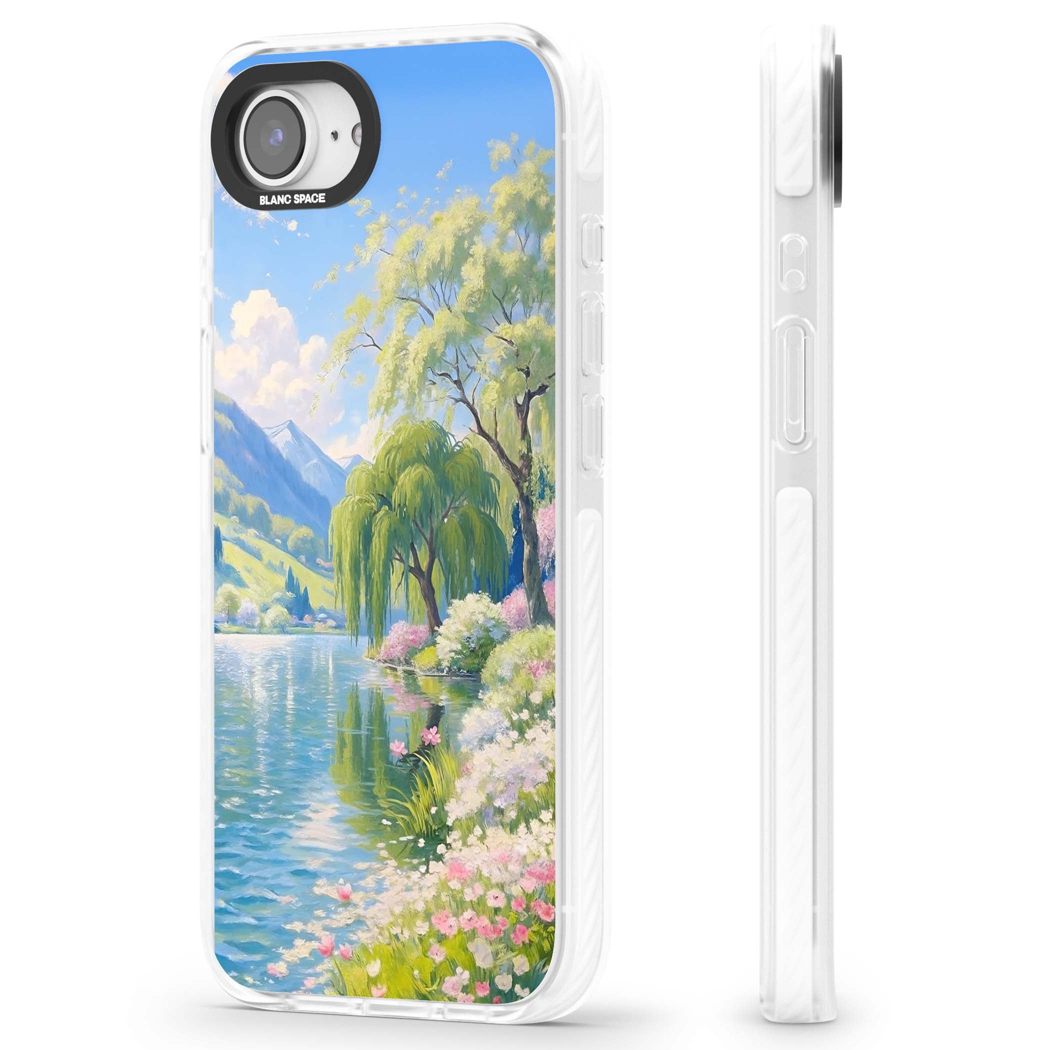 Willow Lake cottagecore iPhone case featuring a painted lakeside with weeping willow, blossoms and distant mountains | Clear Impact case for iPhone 16e, iPhone 17e