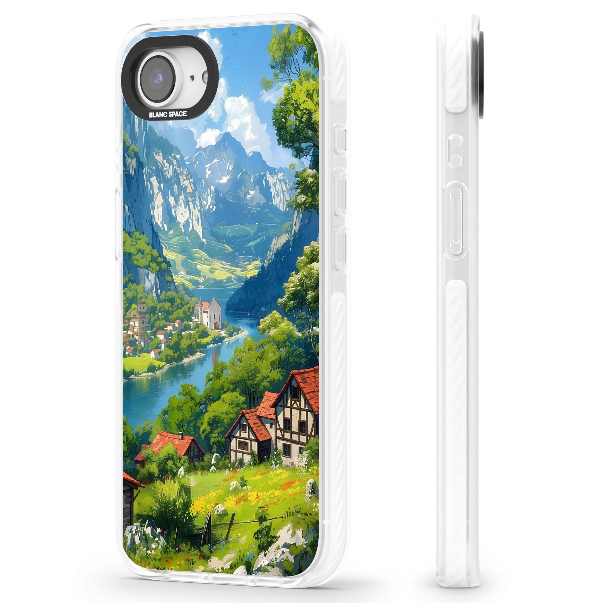 Village In The Valley anime iPhone case featuring a painted mountain village, river valley and half-timbered cottages. | Clear Impact case for iPhone 16e, iPhone 17e