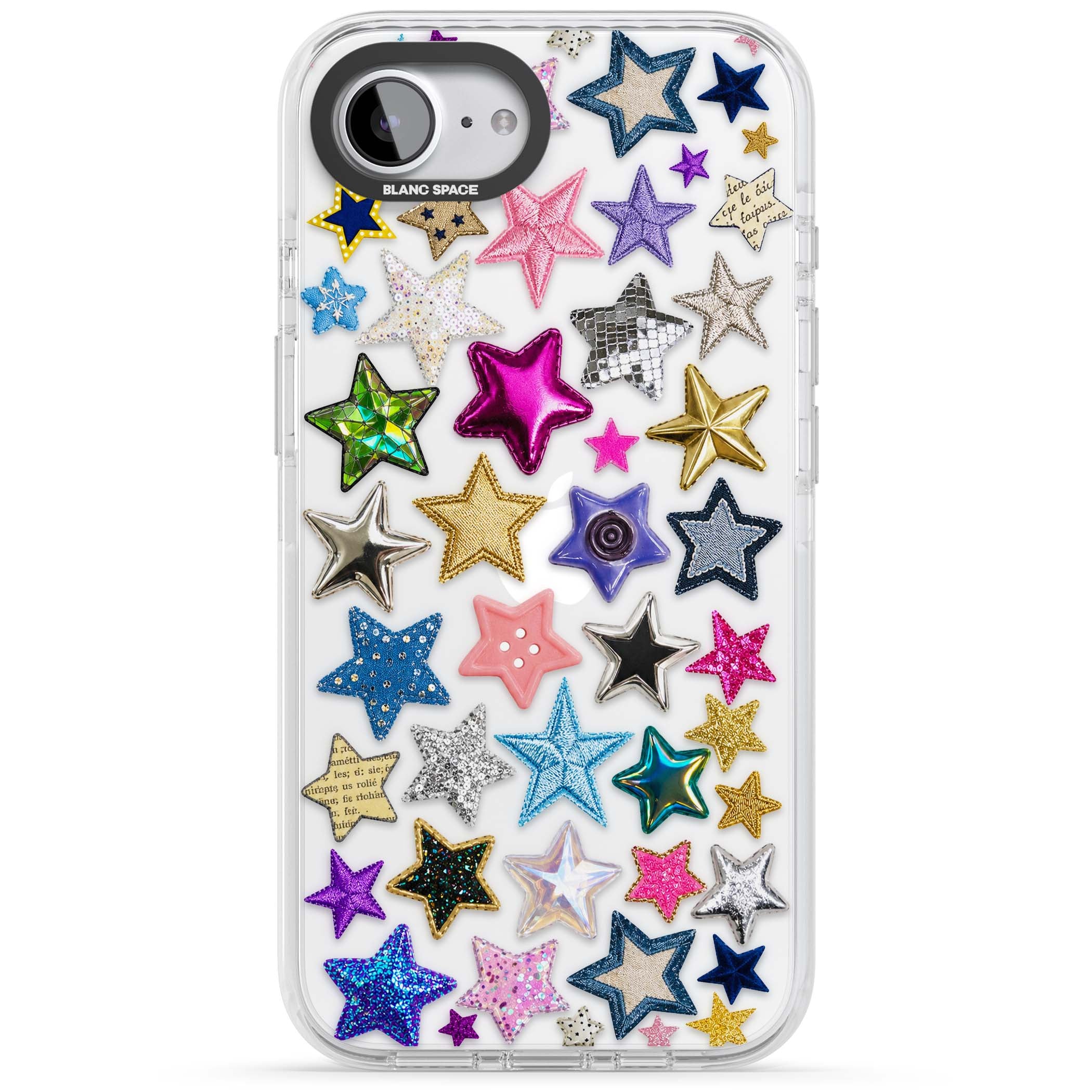 Crafty Star Mix Y2K iPhone case featuring embroidered, sequinned and glitter star patches in rainbow colours | Clear Impact case for iPhone 16e, iPhone 17e