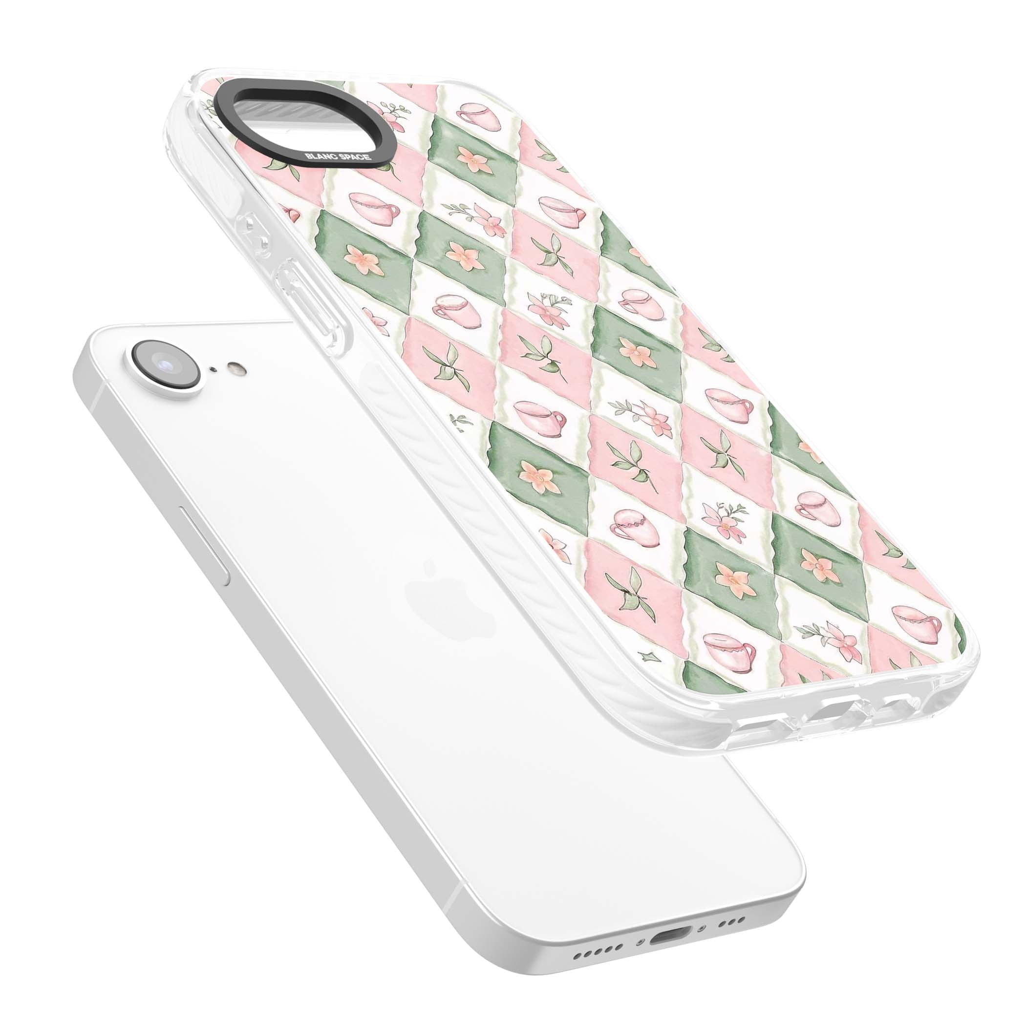 Garden Tea Party coquette iPhone case with pink and green checkered pattern, watercolour teacups and wildflowers | Clear Impact case for iPhone 16e, iPhone 17e