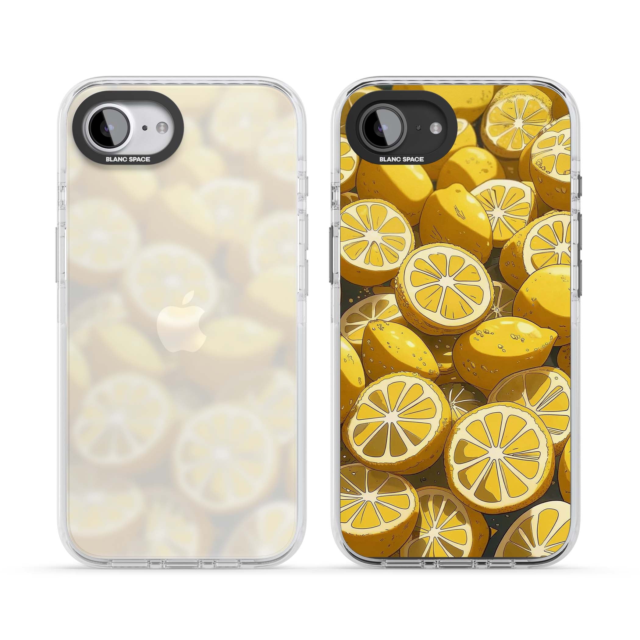 Zesty coastal iPhone case featuring illustrated Mediterranean lemons and citrus slices in golden yellow | Clear Impact case for iPhone 16e, iPhone 17e