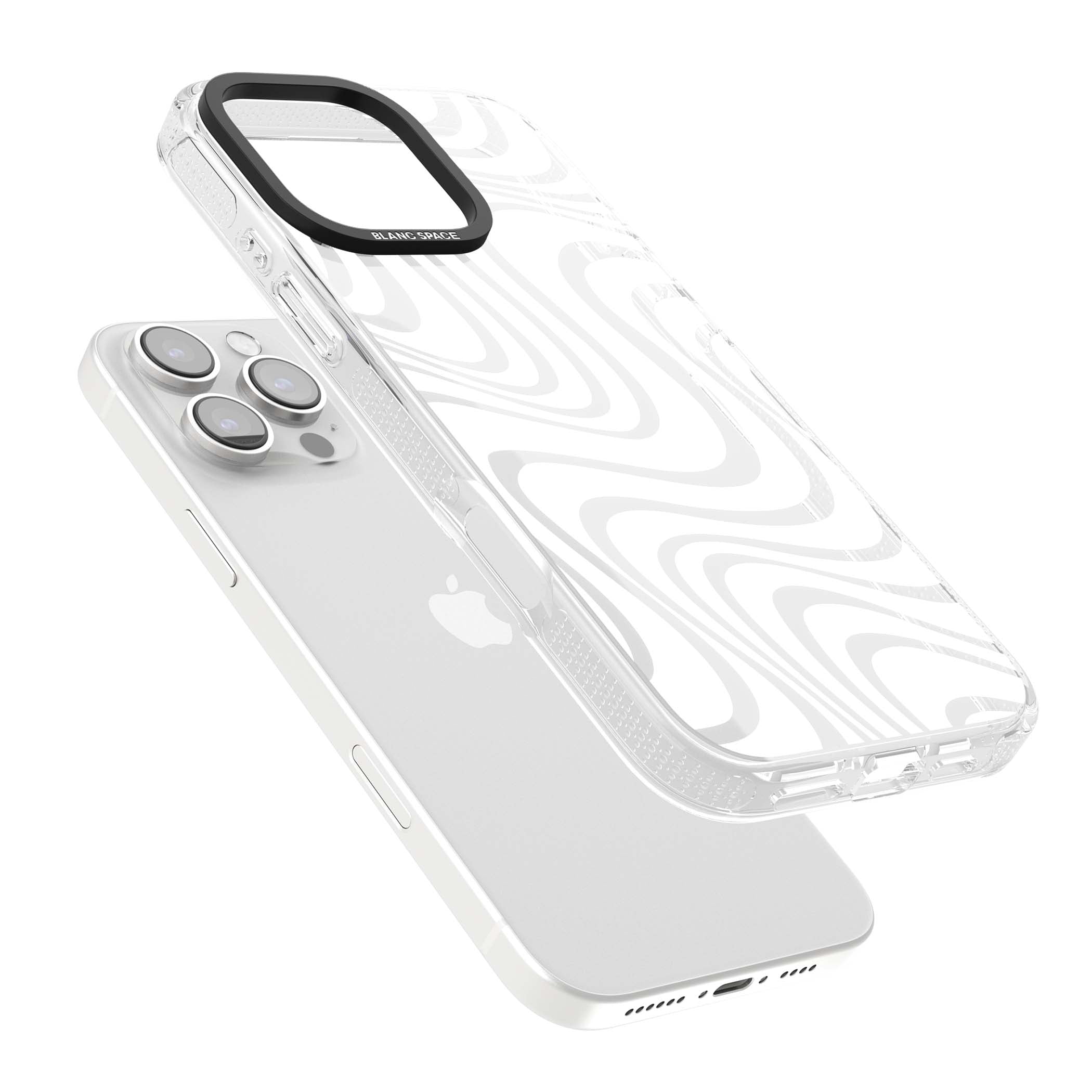 White Abstract Waves abstract iPhone case featuring flowing grey wave pattern on clear background | Clear Case Impact Air case for iPhone 16 Pro, iPhone 16 Pro Max