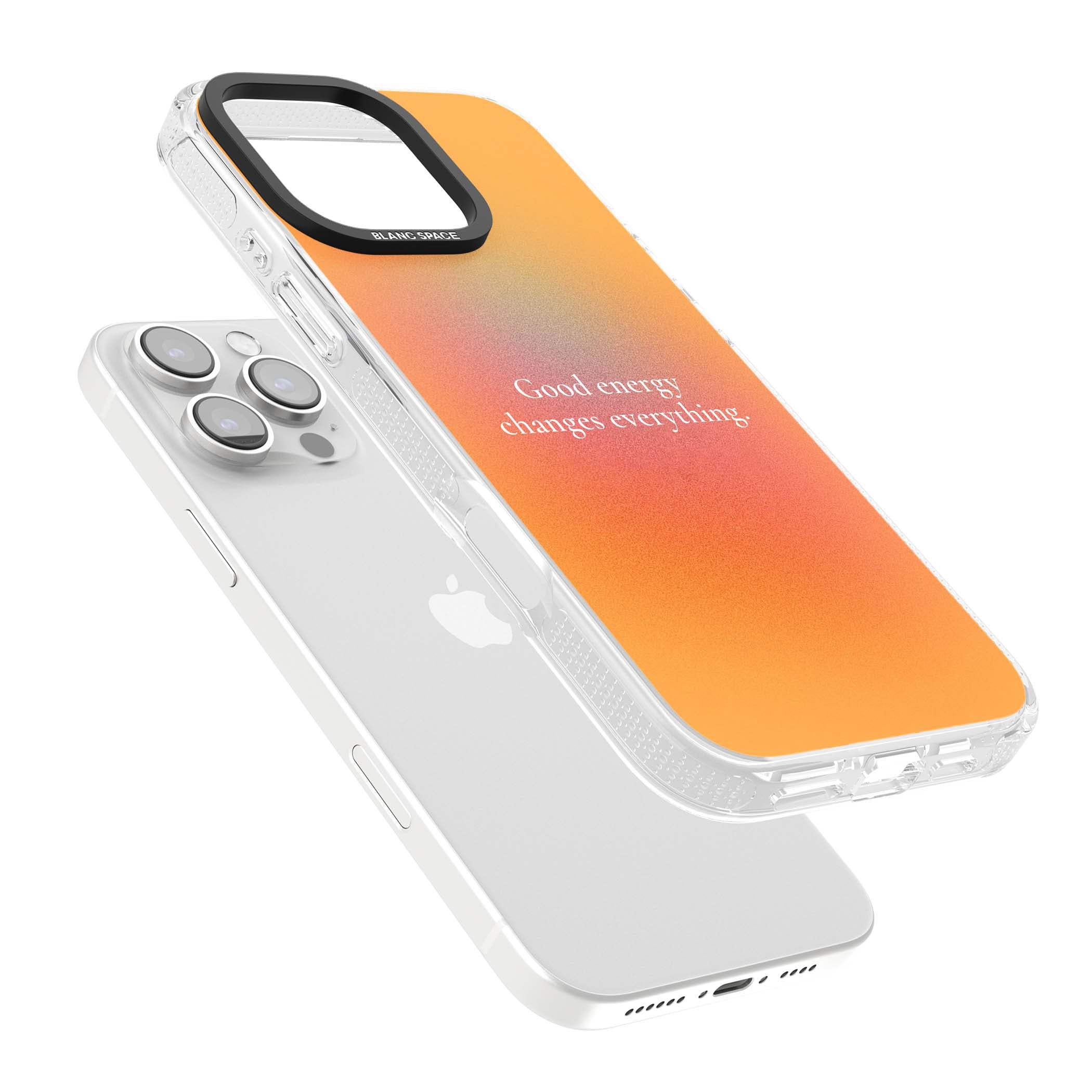 Good Energy quote iPhone case featuring an orange and pink aura gradient with white serif affirmation text | Clear Case Impact Air case for iPhone 16 Pro, iPhone 16 Pro Max