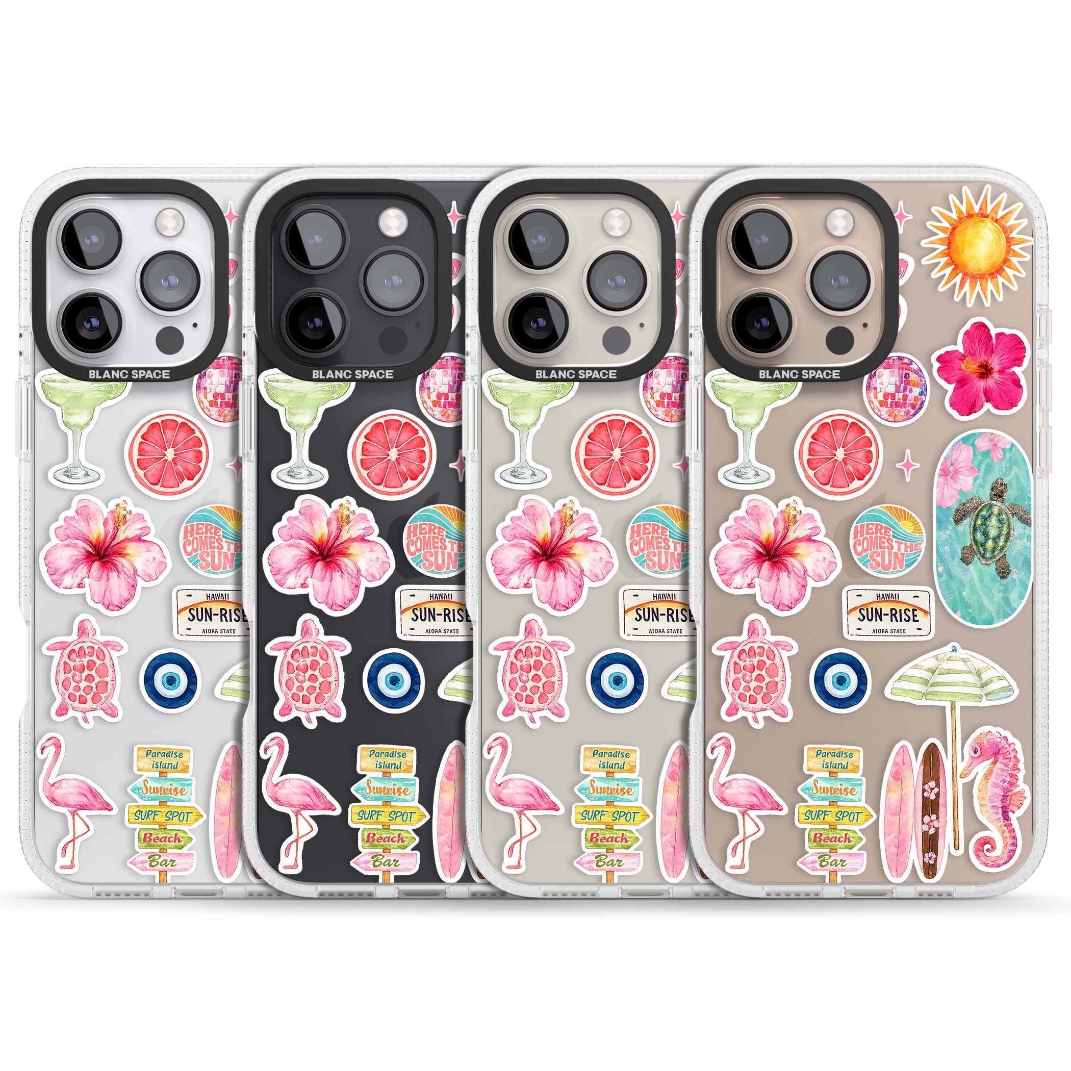 Aloha Sticker Mix tropical summer iPhone case featuring pink hibiscus, sea turtles, flamingo and beach umbrella stickers | Clear Case Impact Air case for iPhone 16 Pro, iPhone 16 Pro Max