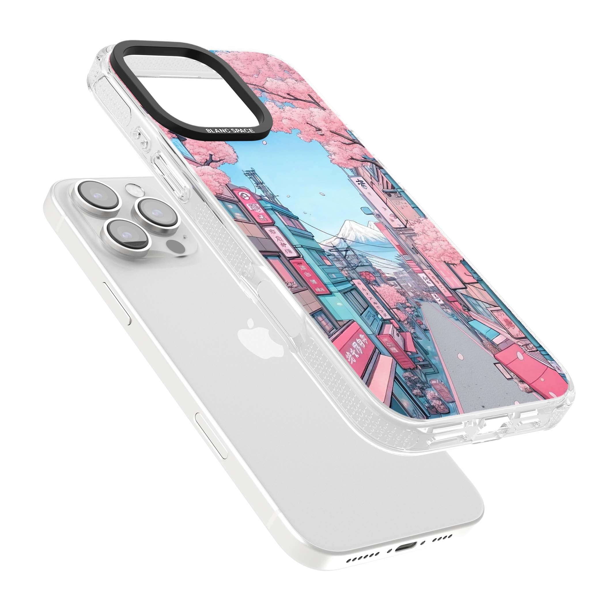 Sakura Lane anime iPhone case featuring Tokyo street scene with cherry blossoms and Mount Fuji | Clear Case Impact Air case for iPhone 16 Pro, iPhone 16 Pro Max