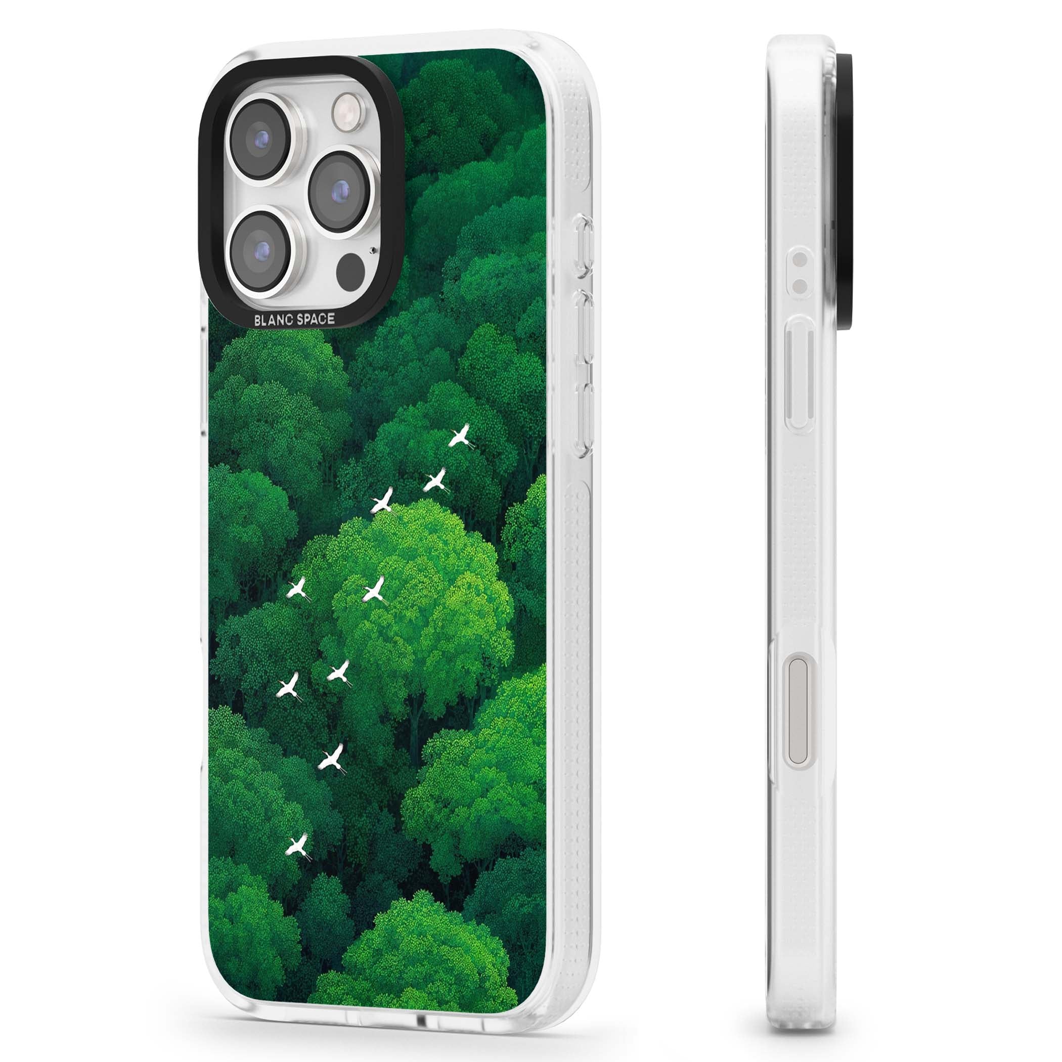 Grove Migration forest iPhone case featuring white cranes flying over lush green treetop canopy | Clear Case Impact Air case for iPhone 16 Pro, iPhone 16 Pro Max