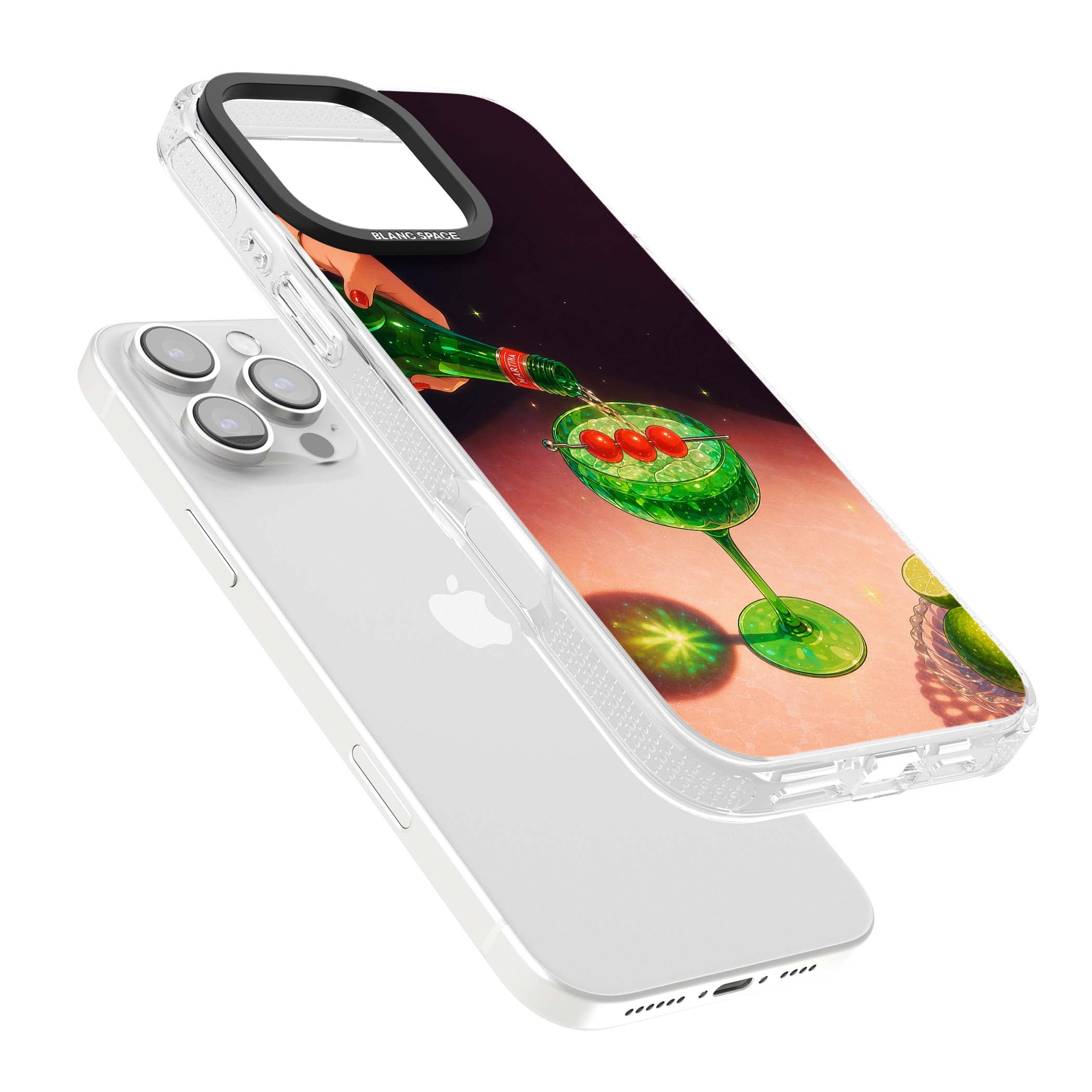 Absinthe Hour cocktail iPhone case featuring a green coupe glass, cherry garnish and vintage bottle pour illustration | Clear Case Impact Air case for iPhone 16 Pro, iPhone 16 Pro Max