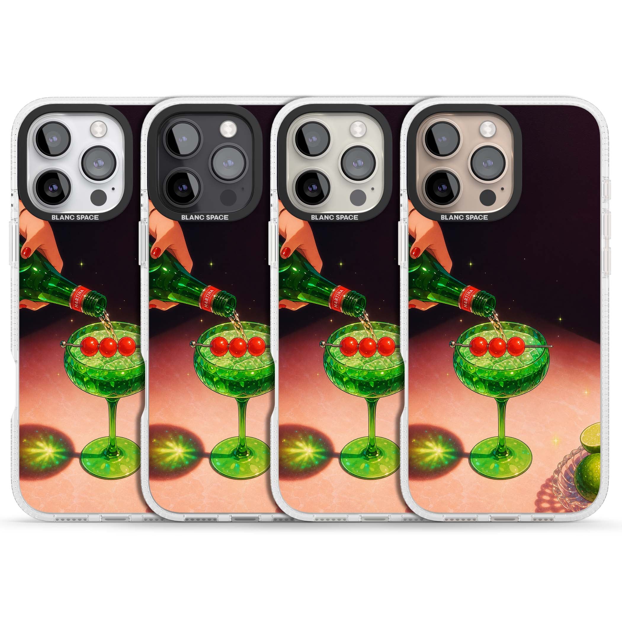 Absinthe Hour cocktail iPhone case featuring a green coupe glass, cherry garnish and vintage bottle pour illustration | Clear Case Impact Air case for iPhone 16 Pro, iPhone 16 Pro Max