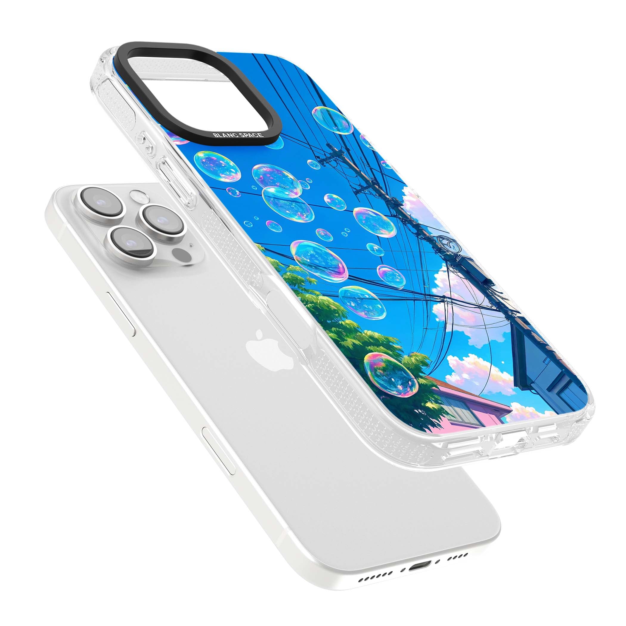 Suburban Bubbles anime iPhone case featuring iridescent soap bubbles, blue sky and Japanese telephone wires | Clear Case Impact Air case for iPhone 16 Pro, iPhone 16 Pro Max