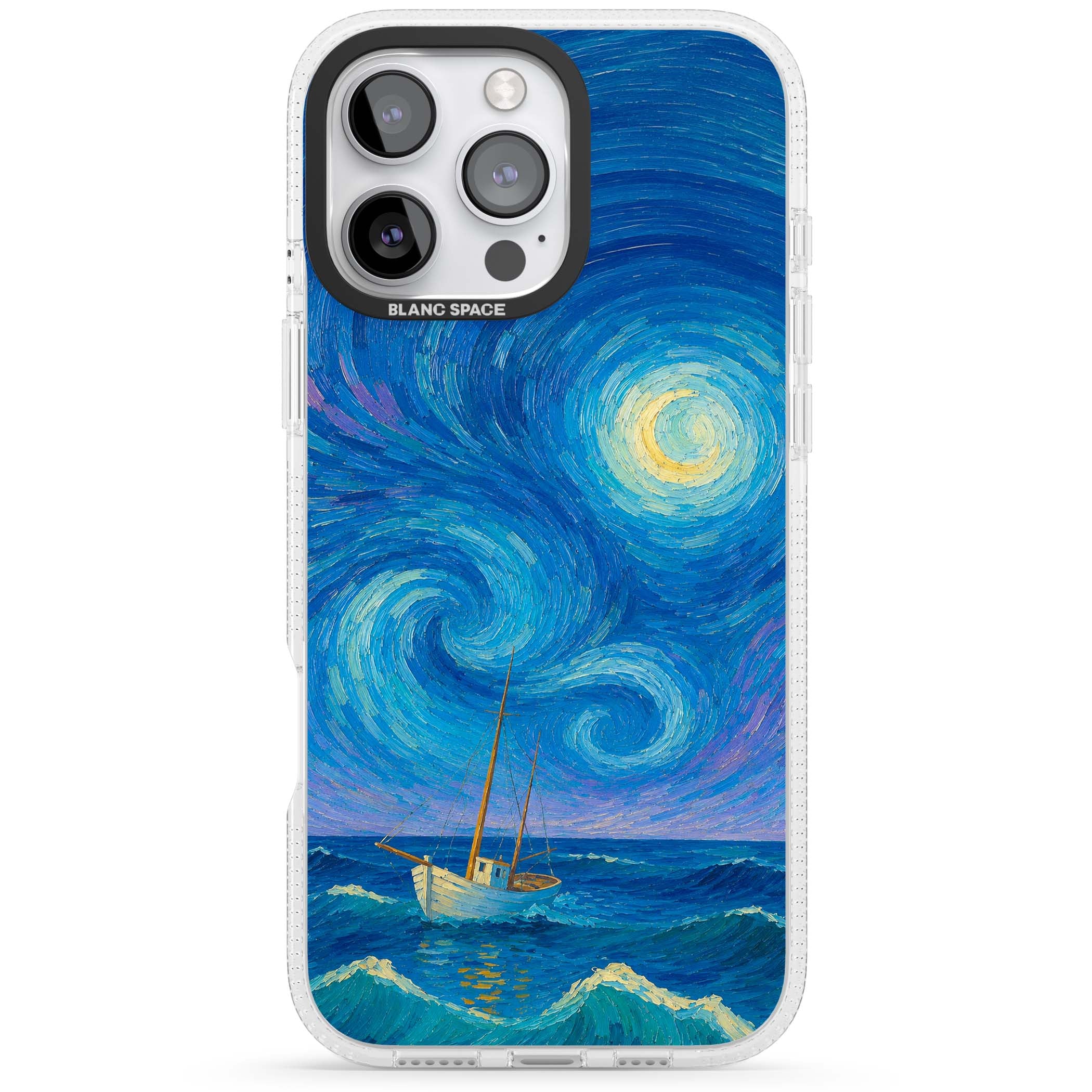 Moonlit Tide Van Gogh art iPhone case featuring swirling starry night sky, glowing moon and lone sailing boat at sea | Clear Case Impact Air case for iPhone 16 Pro, iPhone 16 Pro Max