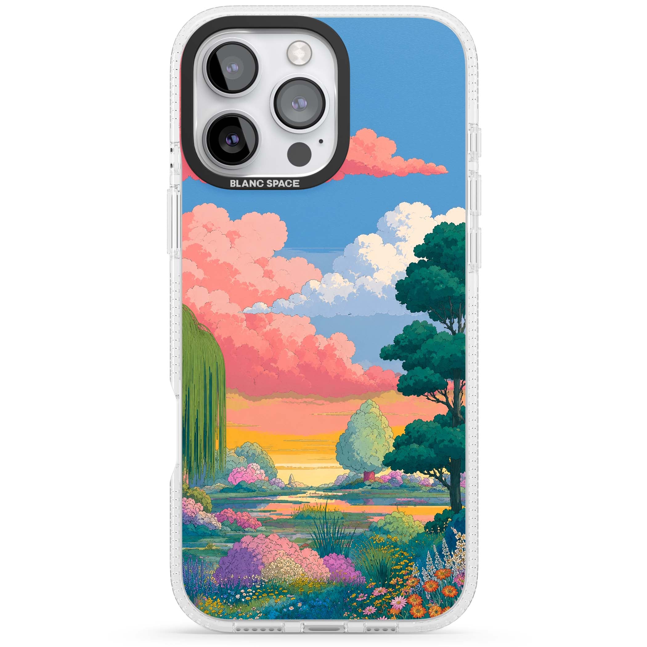 Dream Valley anime landscape iPhone case featuring pink sunset clouds, willow trees and wildflowers | Clear Case Impact Air case for iPhone 16 Pro, iPhone 16 Pro Max