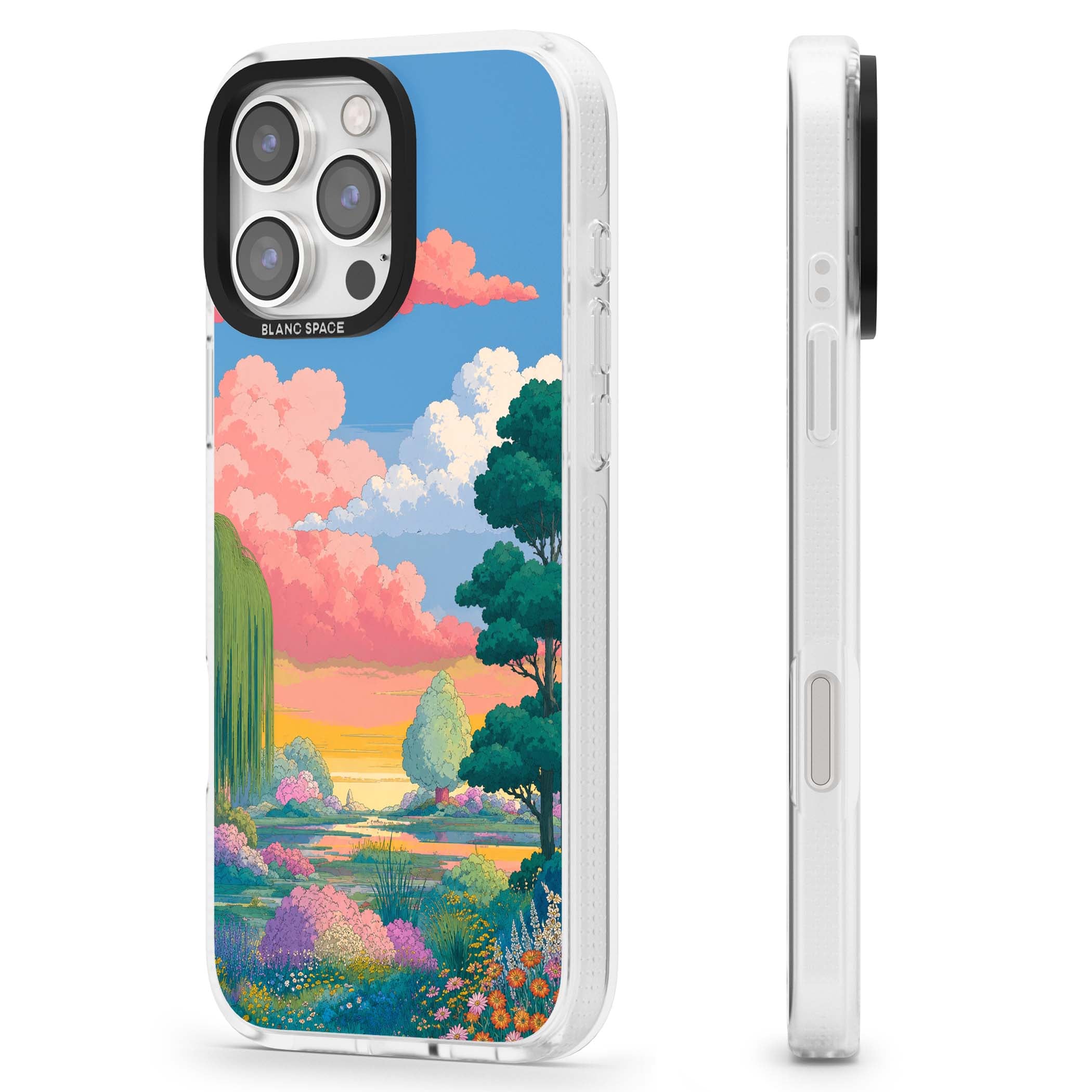 Dream Valley anime landscape iPhone case featuring pink sunset clouds, willow trees and wildflowers | Clear Case Impact Air case for iPhone 16 Pro, iPhone 16 Pro Max