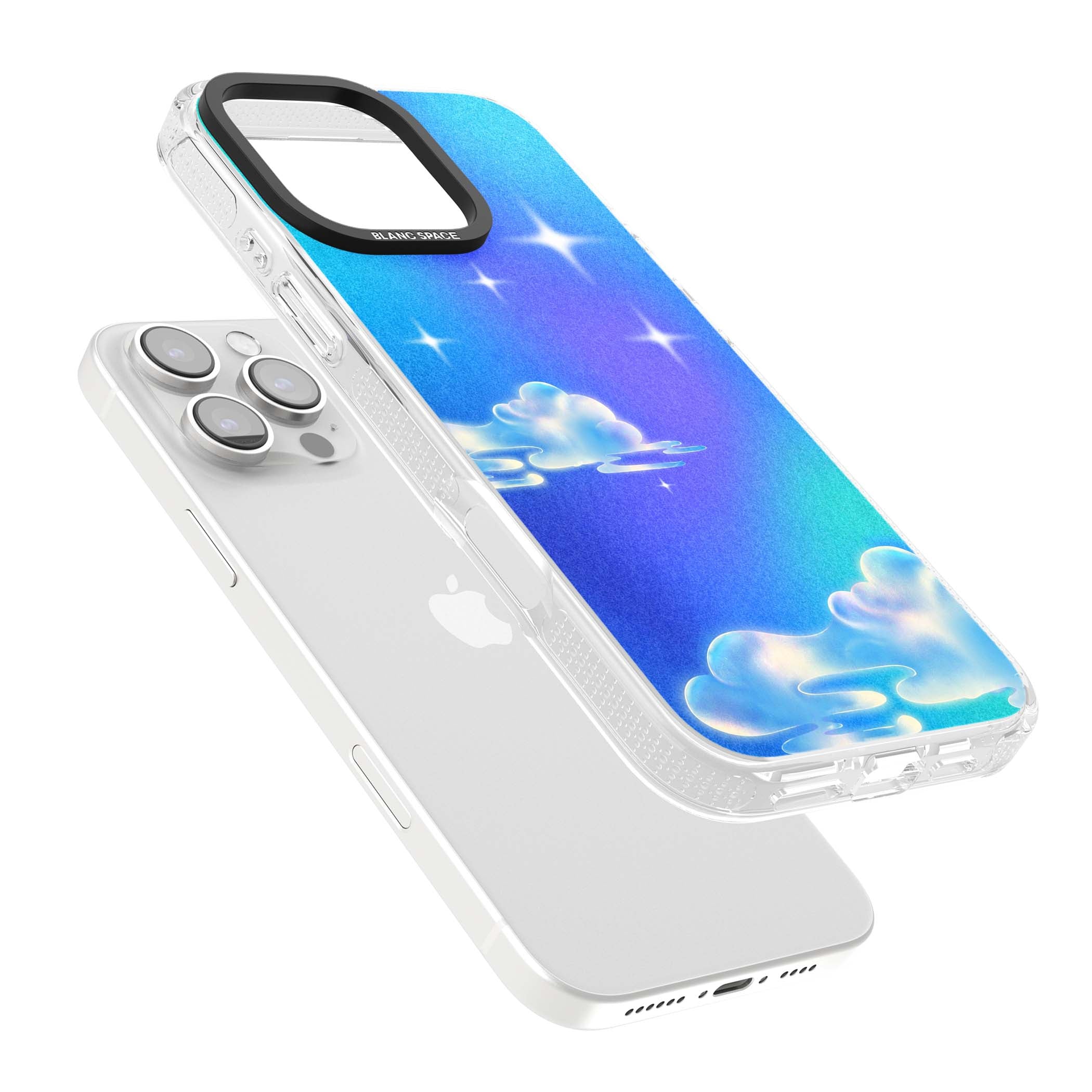 Aurora celestial iPhone case featuring dreamy iridescent clouds, sparkling stars and pastel blue purple sky | Clear Case Impact Air case for iPhone 16 Pro, iPhone 16 Pro Max