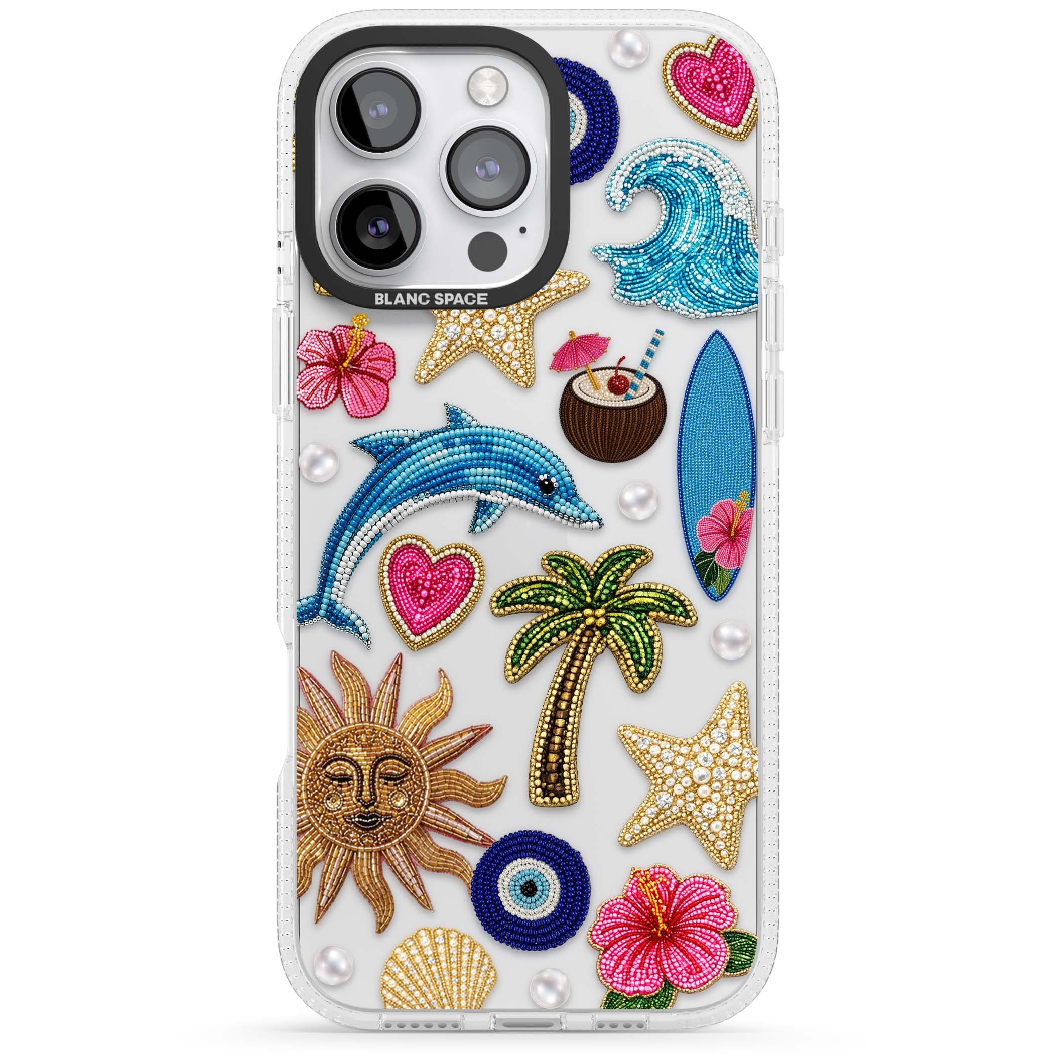 Beaded Beach coastal summer iPhone case featuring embroidered evil eye, hibiscus flowers, dolphin and palm tree patches | Clear Case Impact Air case for iPhone 16 Pro, iPhone 16 Pro Max