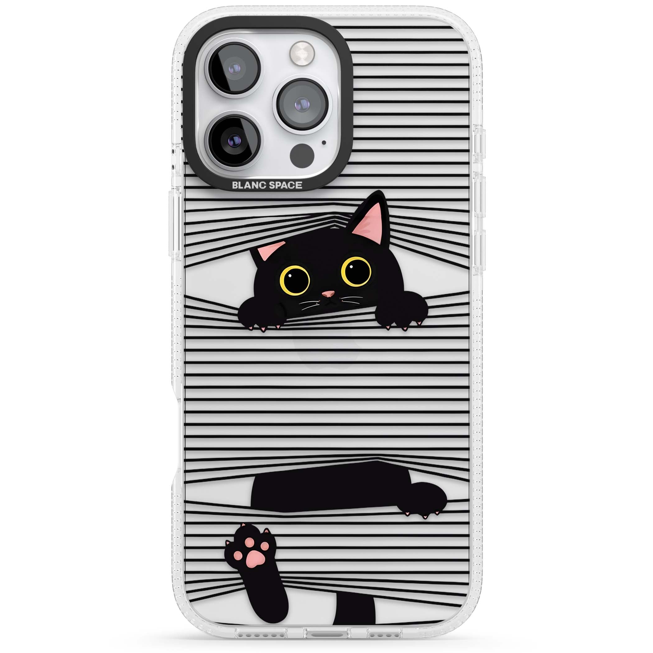 Peek-a-Boo Cat minimal iPhone case featuring black cat peeking through horizontal black and white stripes | Clear Case Impact Air case for iPhone 16 Pro, iPhone 16 Pro Max